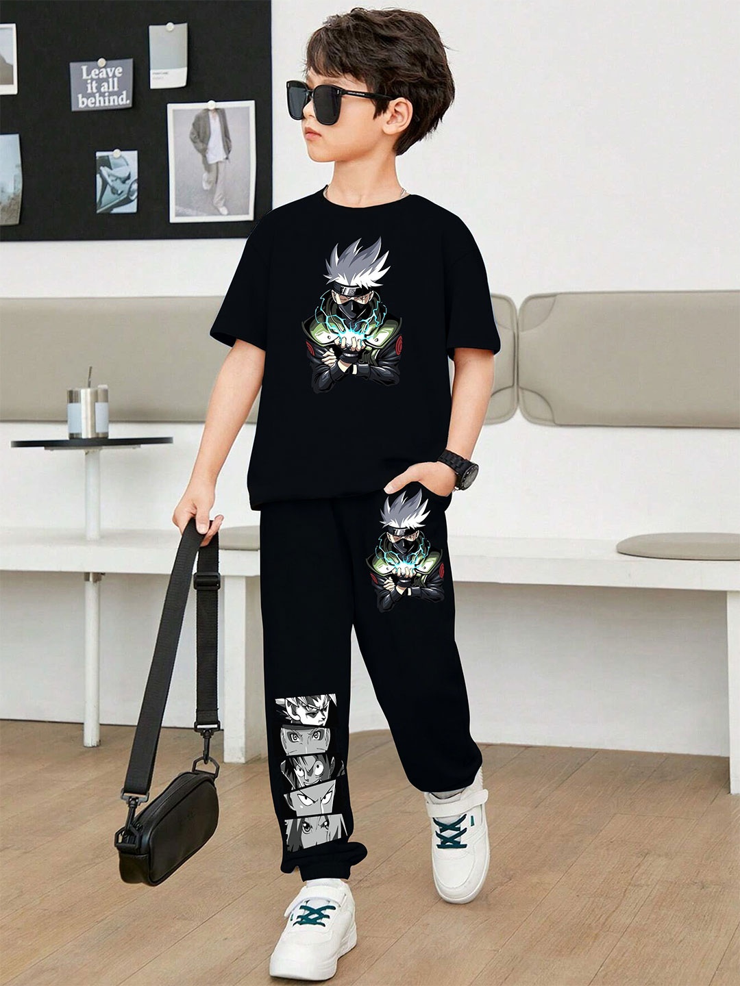 

LOCAVESTIR Boys Printed T-shirt With Joggers, Black