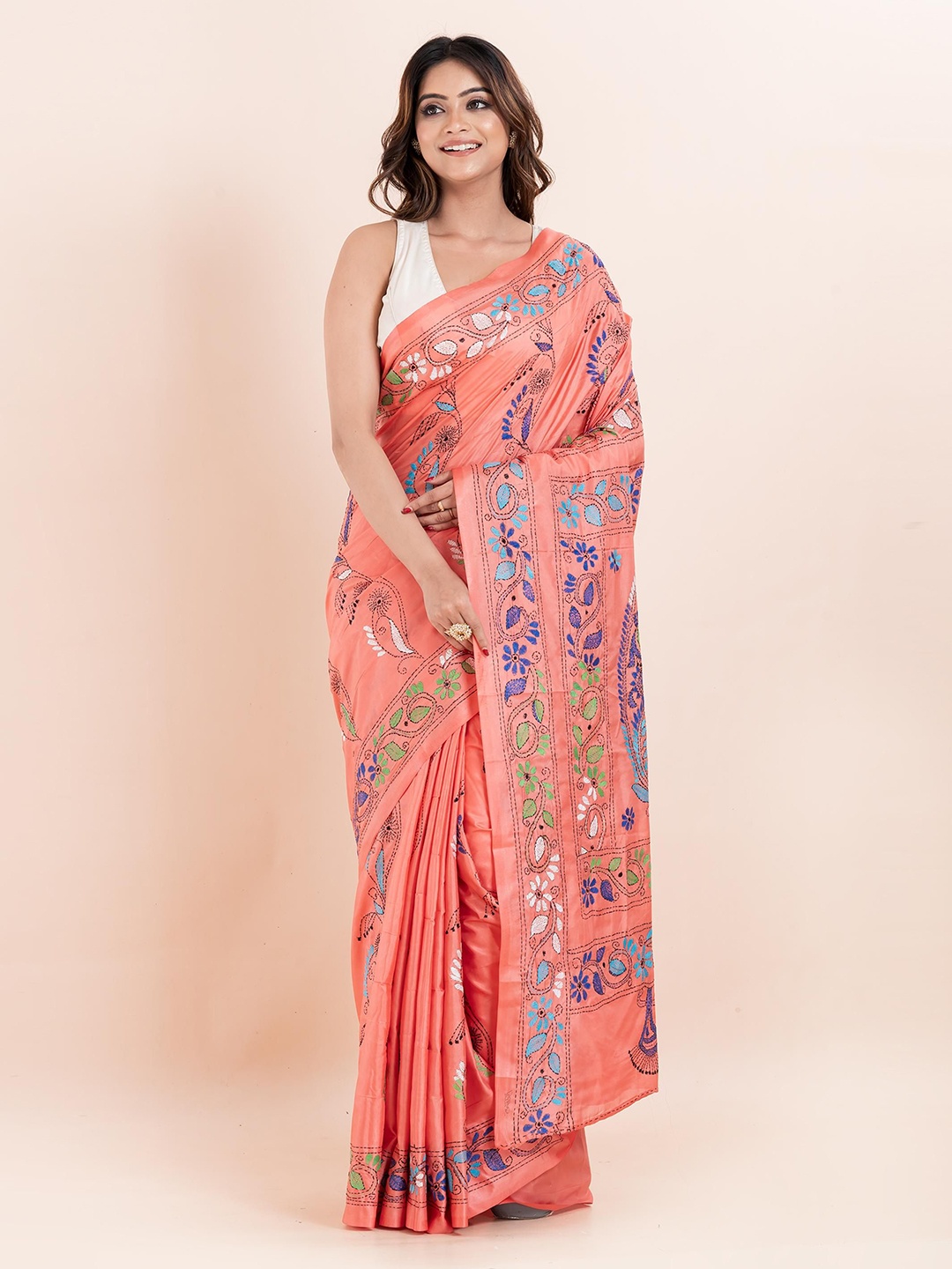 

PUKU Enthic Motifs Embroidered Kantha Work Saree, Peach