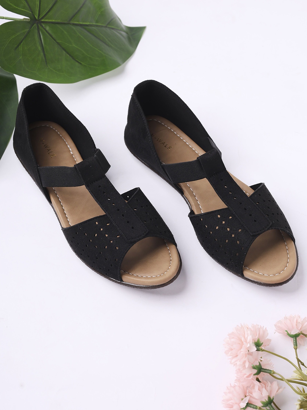 

V-WALK Women Embellished Open Toe Flats with Laser Cuts, Black