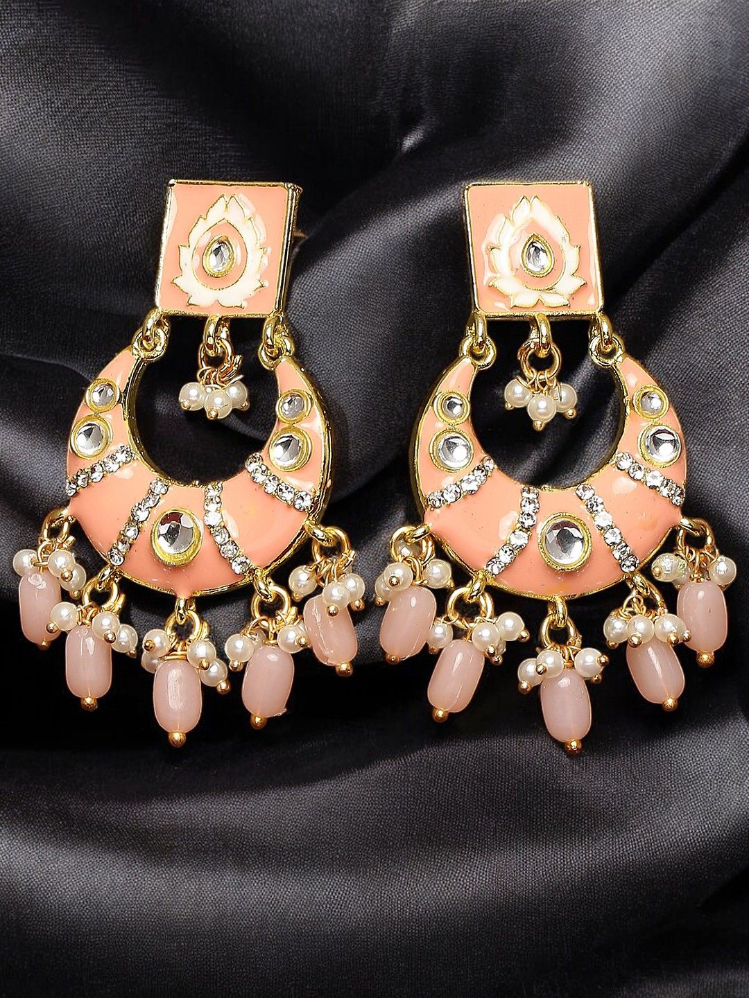 

Anouk Artificial Beaded & Kundan Studded Cresent Shaped Meenakari Chandbali, Peach