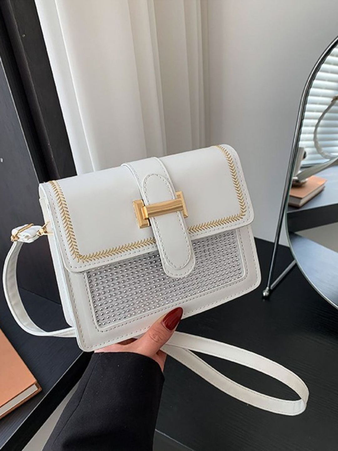 

DressBerry Embellished PU Sling Bag, White