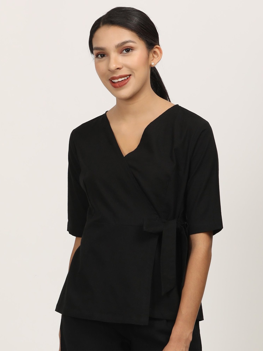 

Saltpetre Women Cotton Wrap Top, Black