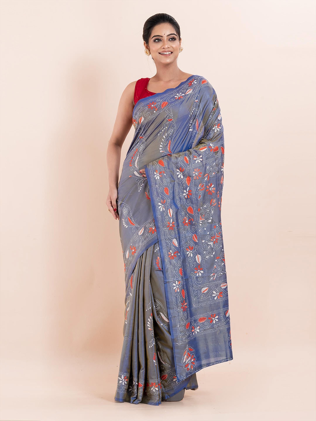 

PUKU Ethnic Motifs Kantha Work Silk Saree With Unstitched Blouse Piece, Blue