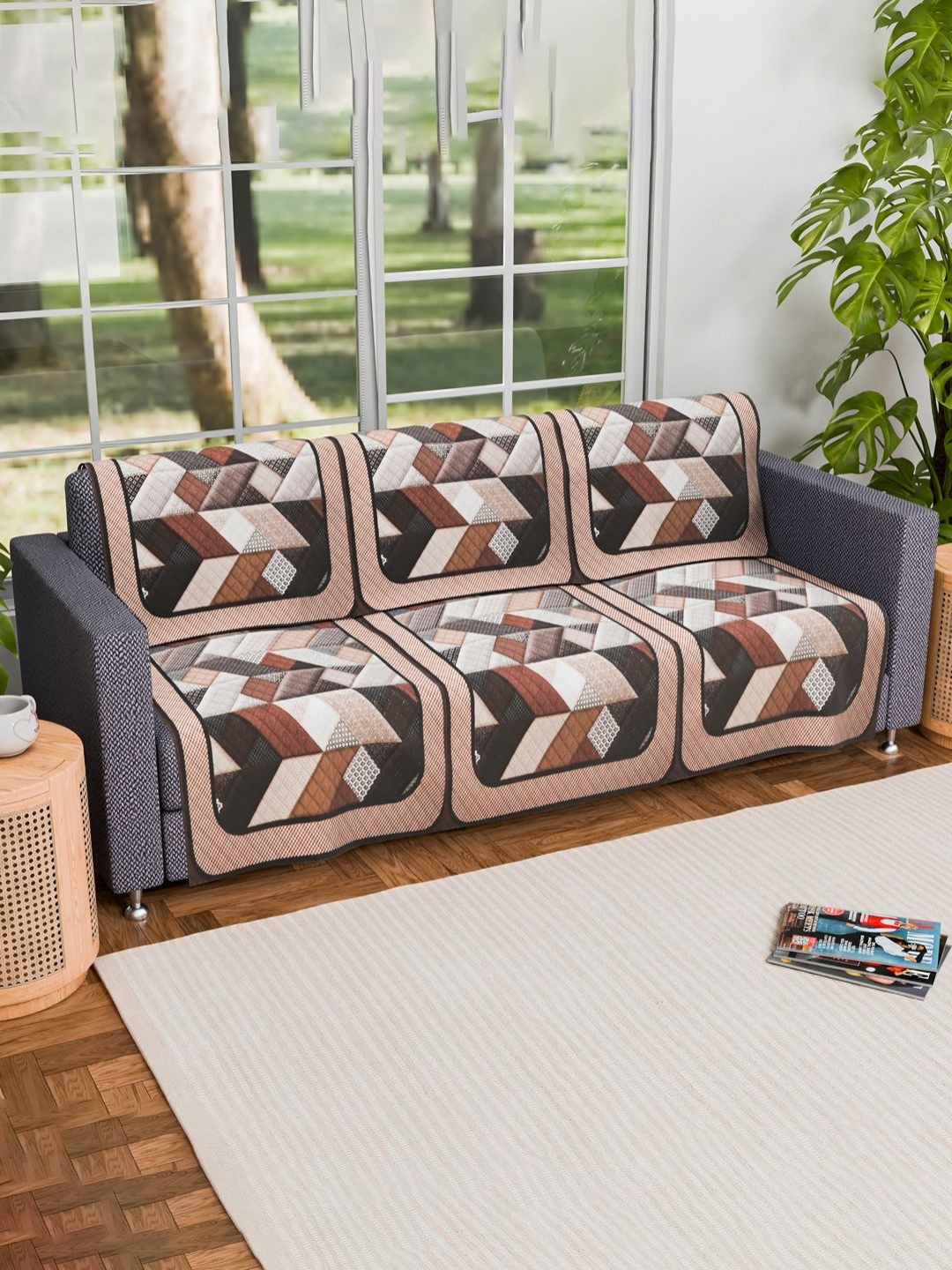 

Aura Brown & White 6 Pieces Printed 3 Seater Velvet Sofa Cover