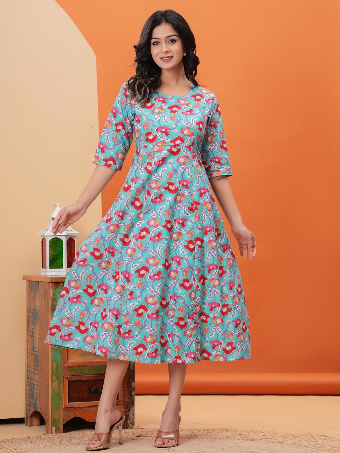 

Sanganeri Kurti Floral Print Fit & Flare Midi Dress, Blue