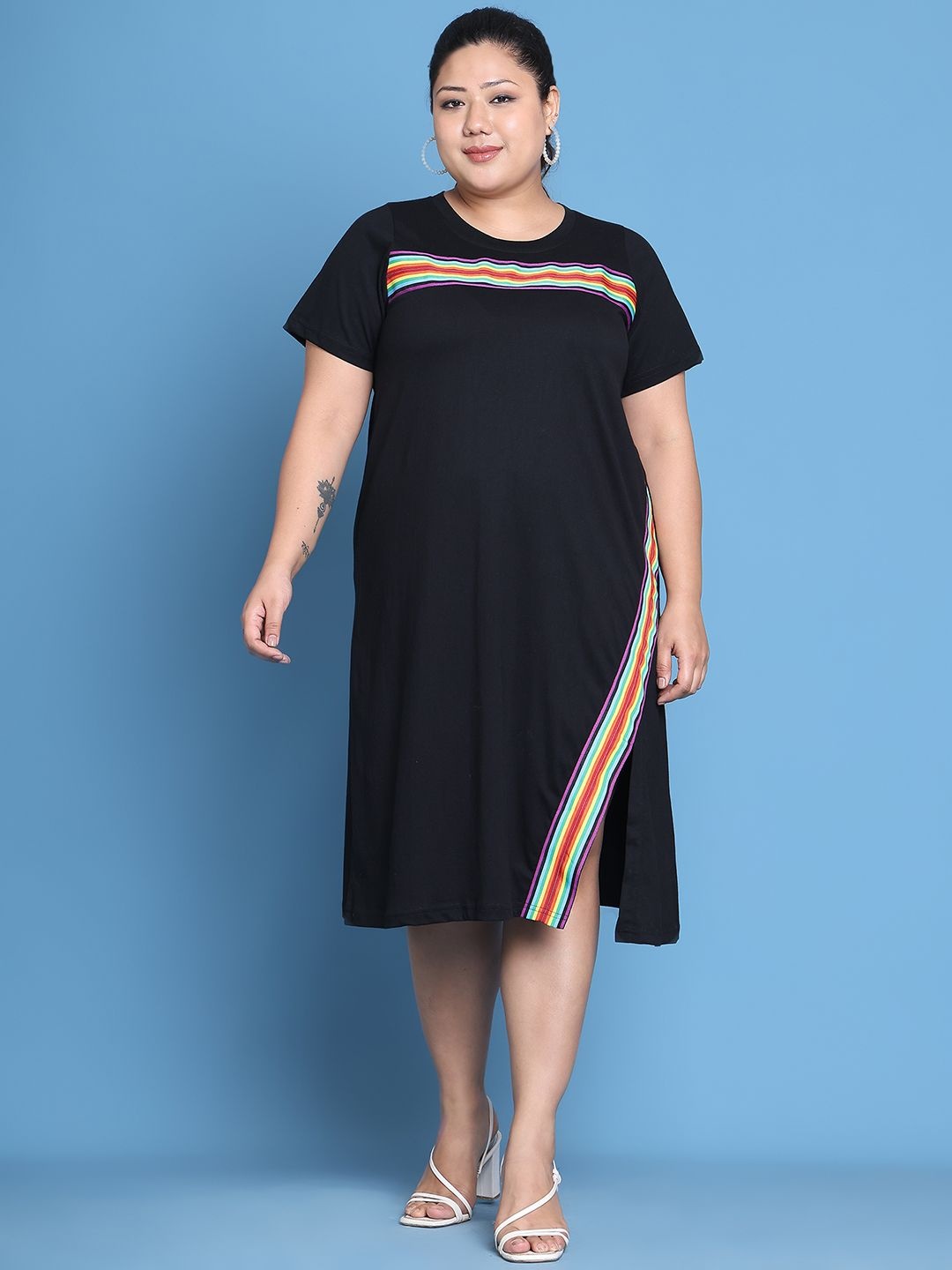 

theRebelinme Women Round Neck Pure Cotton Plus Size A-Line Midi Dress, Black