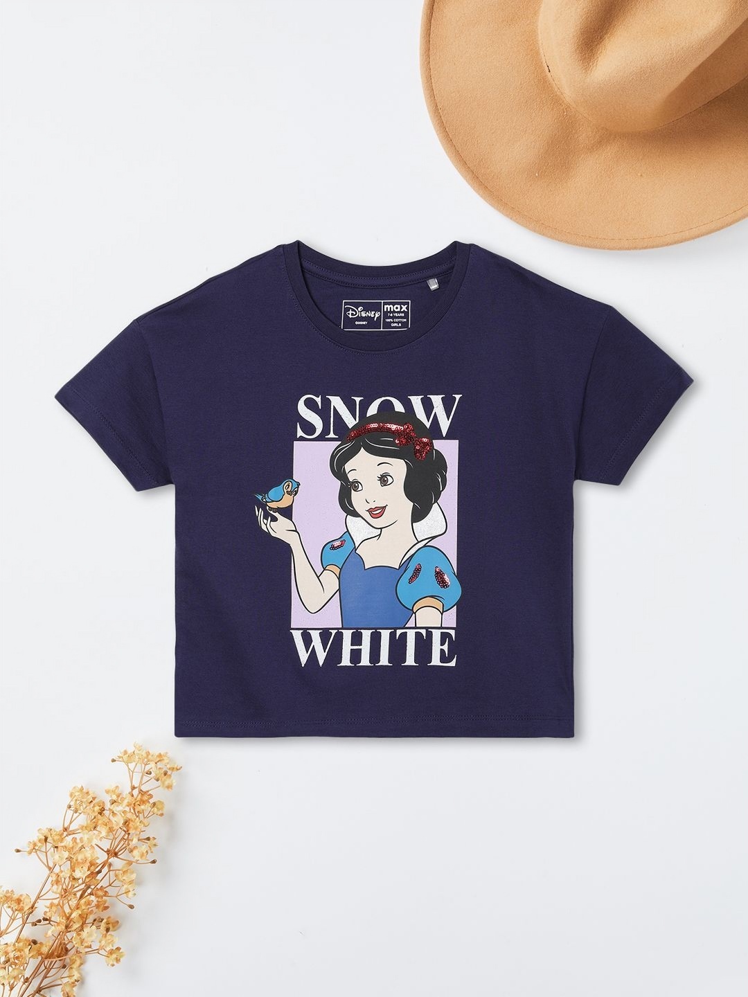 

max Girls Disney Princess Graphic Printed Round Neck Cotton T-shirt, Purple