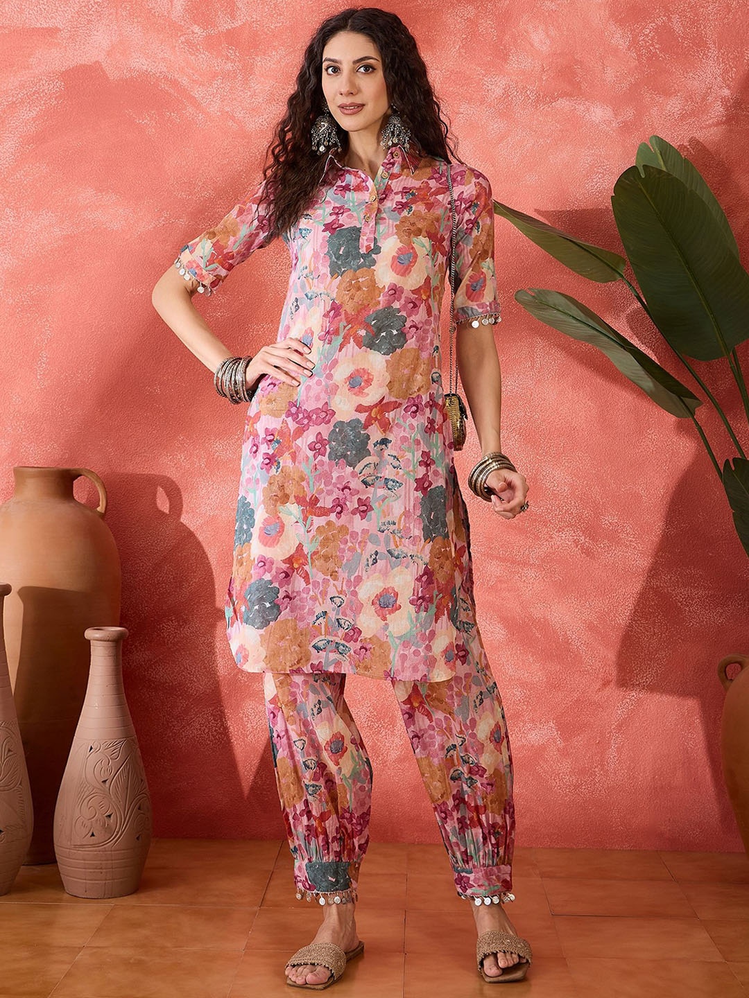 

Sangria Floral Printed Beads and Stones Pure Cotton Pathani Kurta with Salwar, Pink