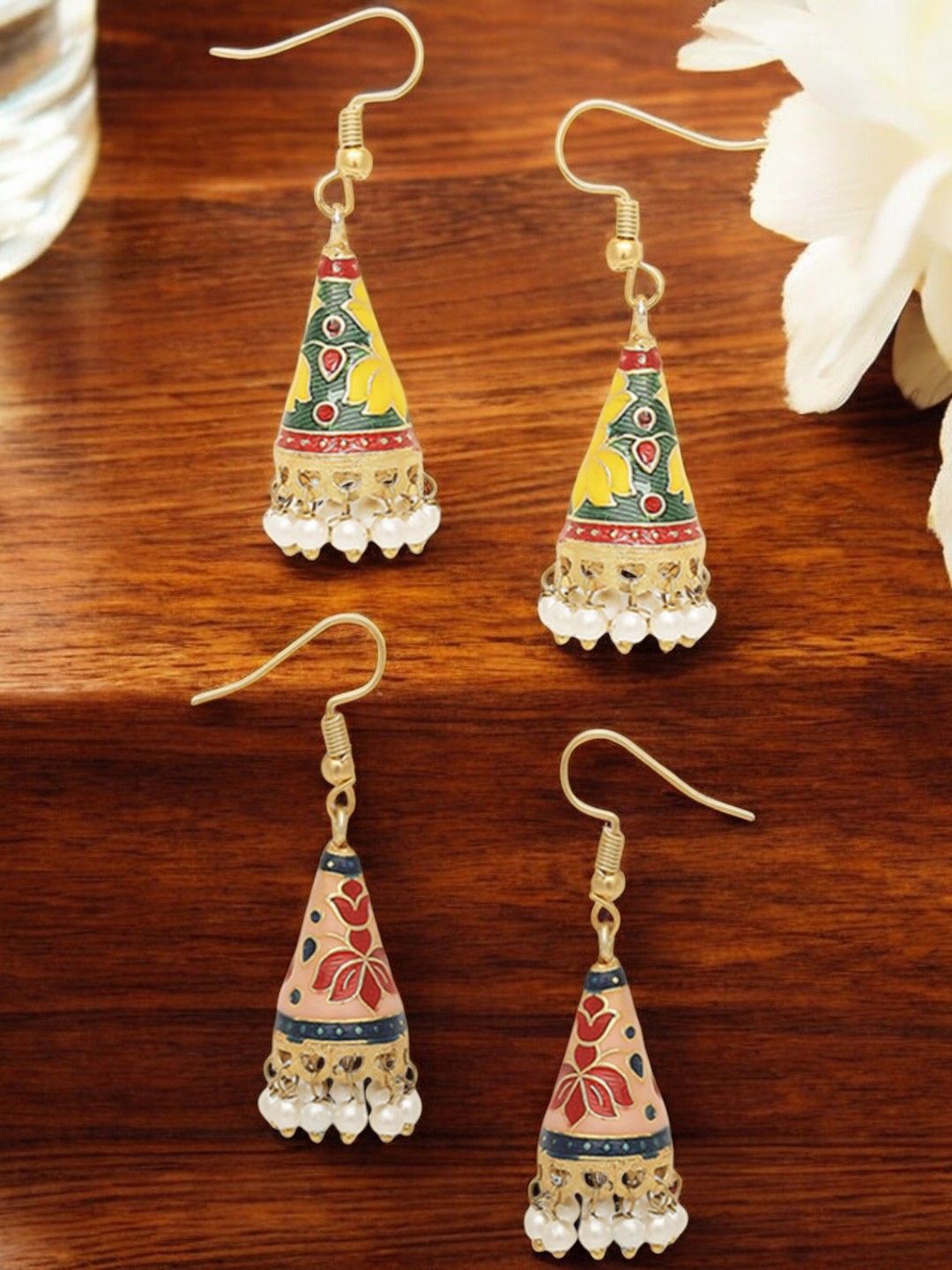 

Anouk Set Of 2 Artificial Beaded Dome Shaped Meenakari Jhumkas, Yellow
