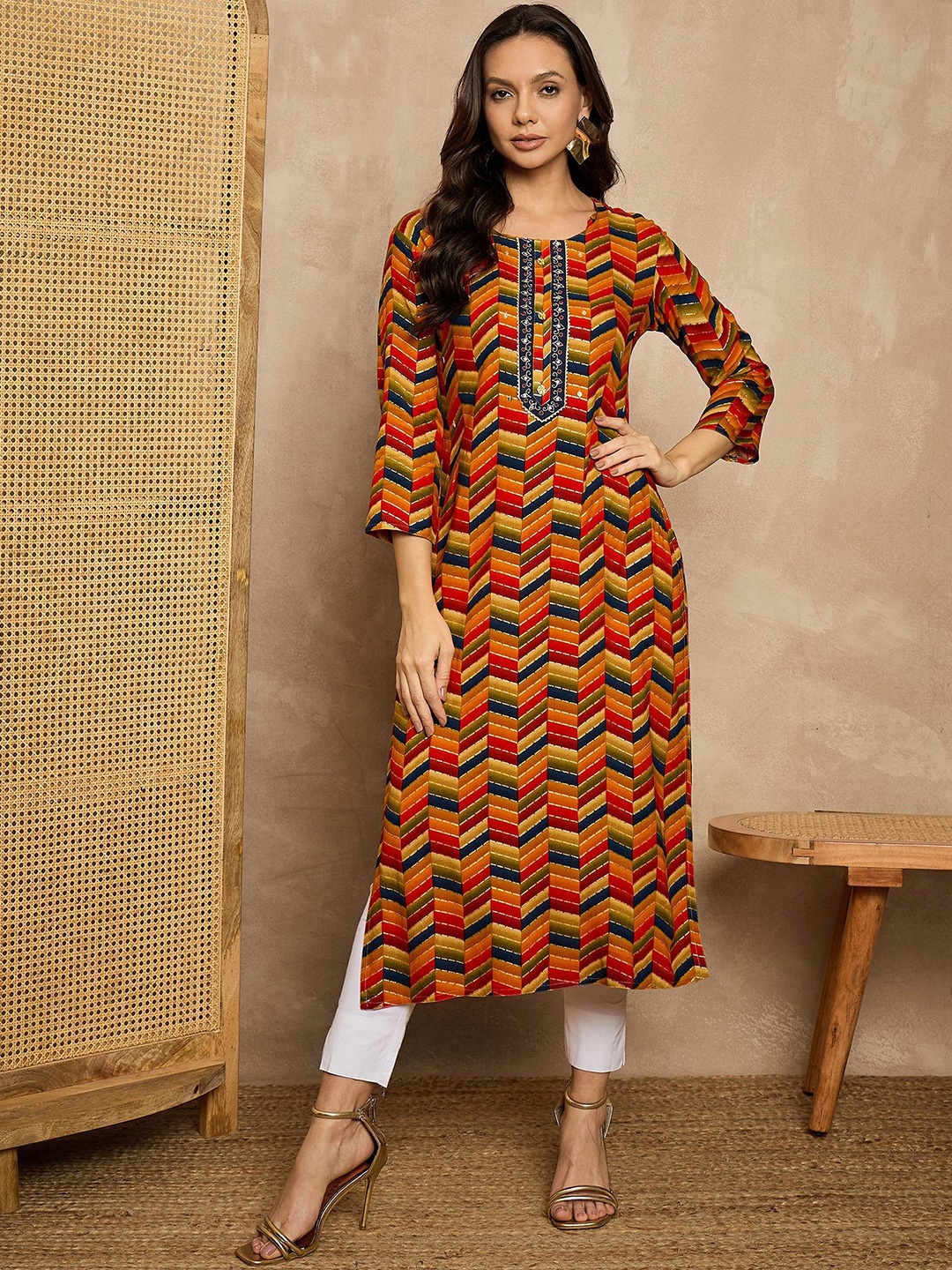 

CHETI Printed Straight Kurta, Yellow