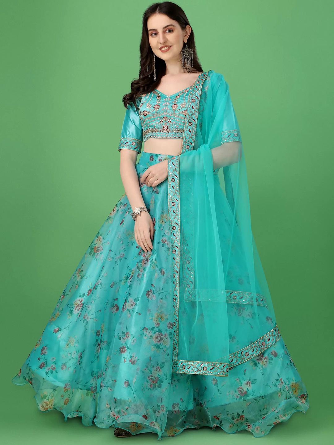 

BAESD Embroidered Thread Work Semi-Stitched Lehenga & Unstitched Blouse With Dupatta, Turquoise blue