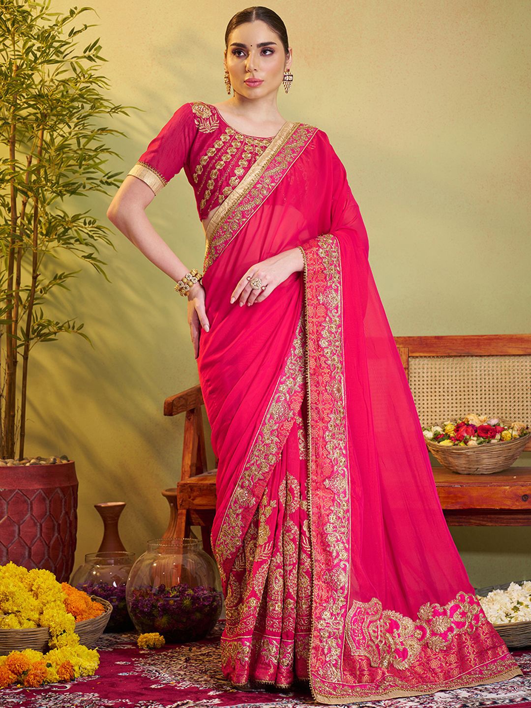 

Mitera Women Embroidered Saree, Pink