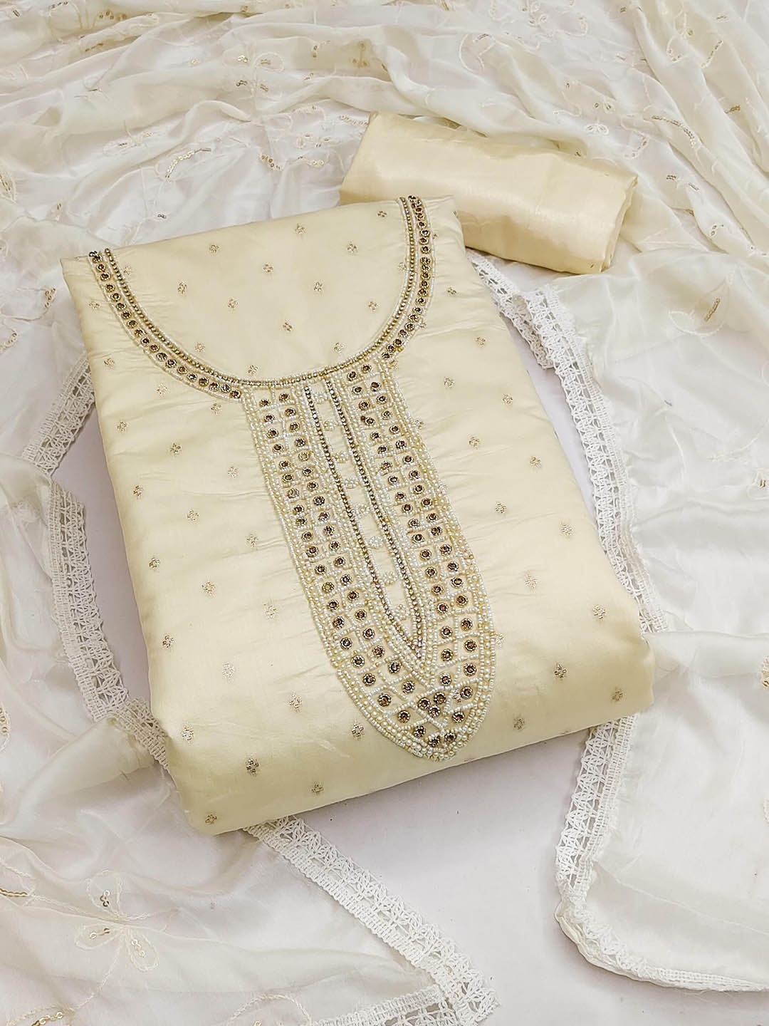 

SHADOW & SAINING Floral Woven Design Beads and Stones Unstitched Dress Material, Off white