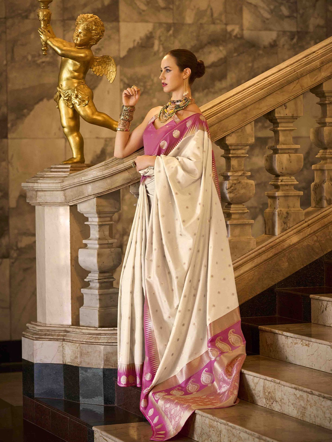 

Mitera Ethnic Motifs Woven Design Saree, Cream