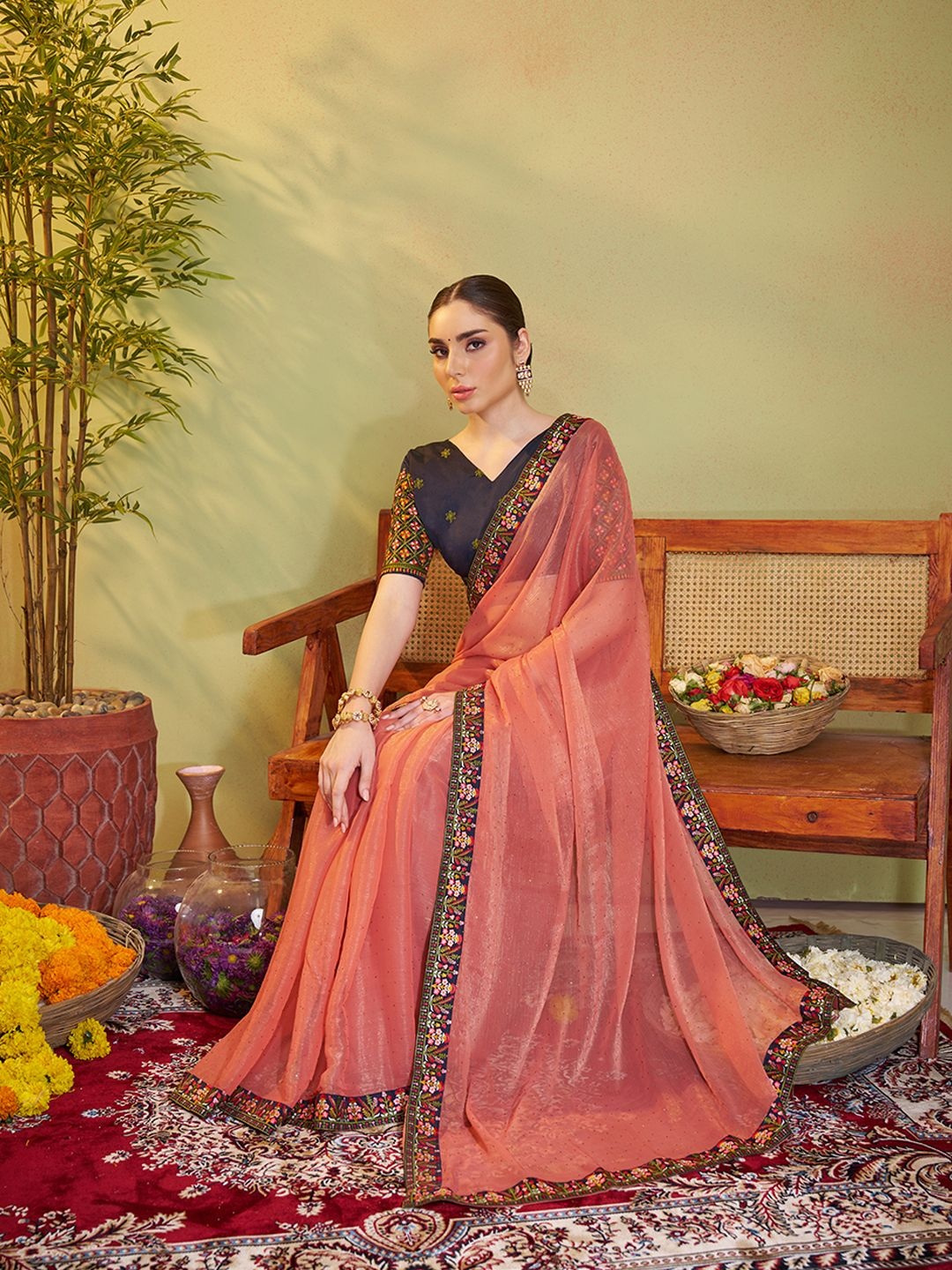 

Mitera Embroidered Embellished Pure Chiffon Saree, Orange
