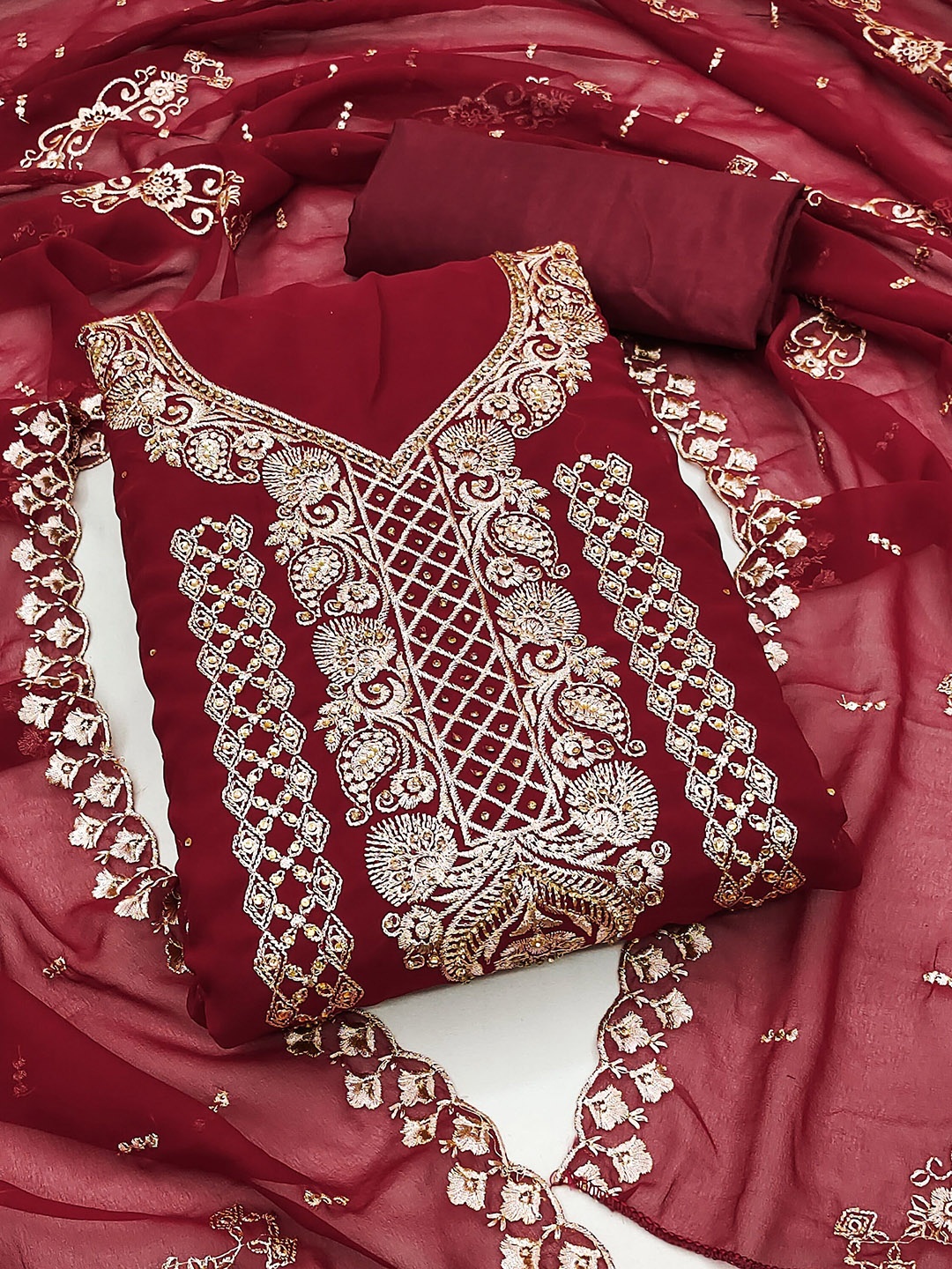 

SHADOW & SAINING Embroidered Zari Silk Georgette Unstitched Dress Material, Maroon