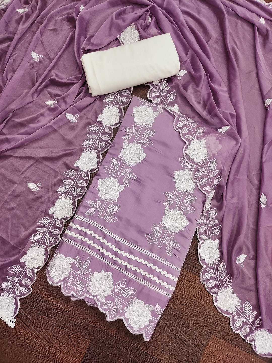 

SHADOW & SAINING Floral Embroidered Beads & Stones Roman Silk Semi-Stitched Dress Material, Purple