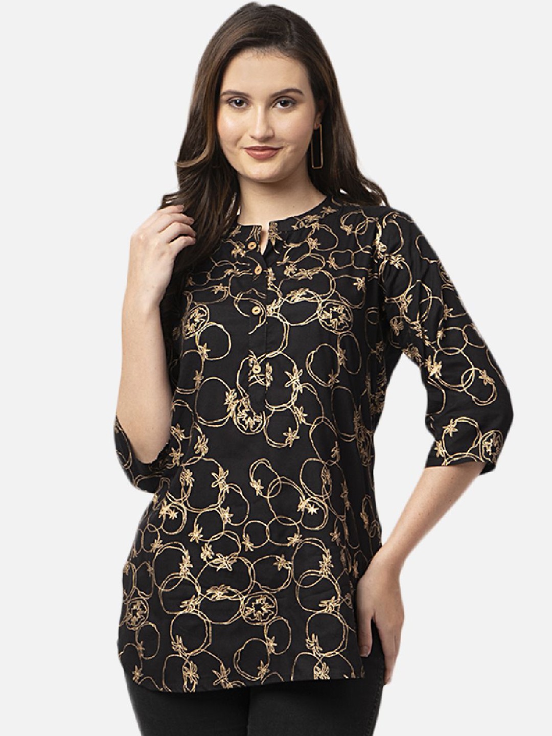 

PALSIYA PRESENTS Printed Mandarin Collar Top, Black