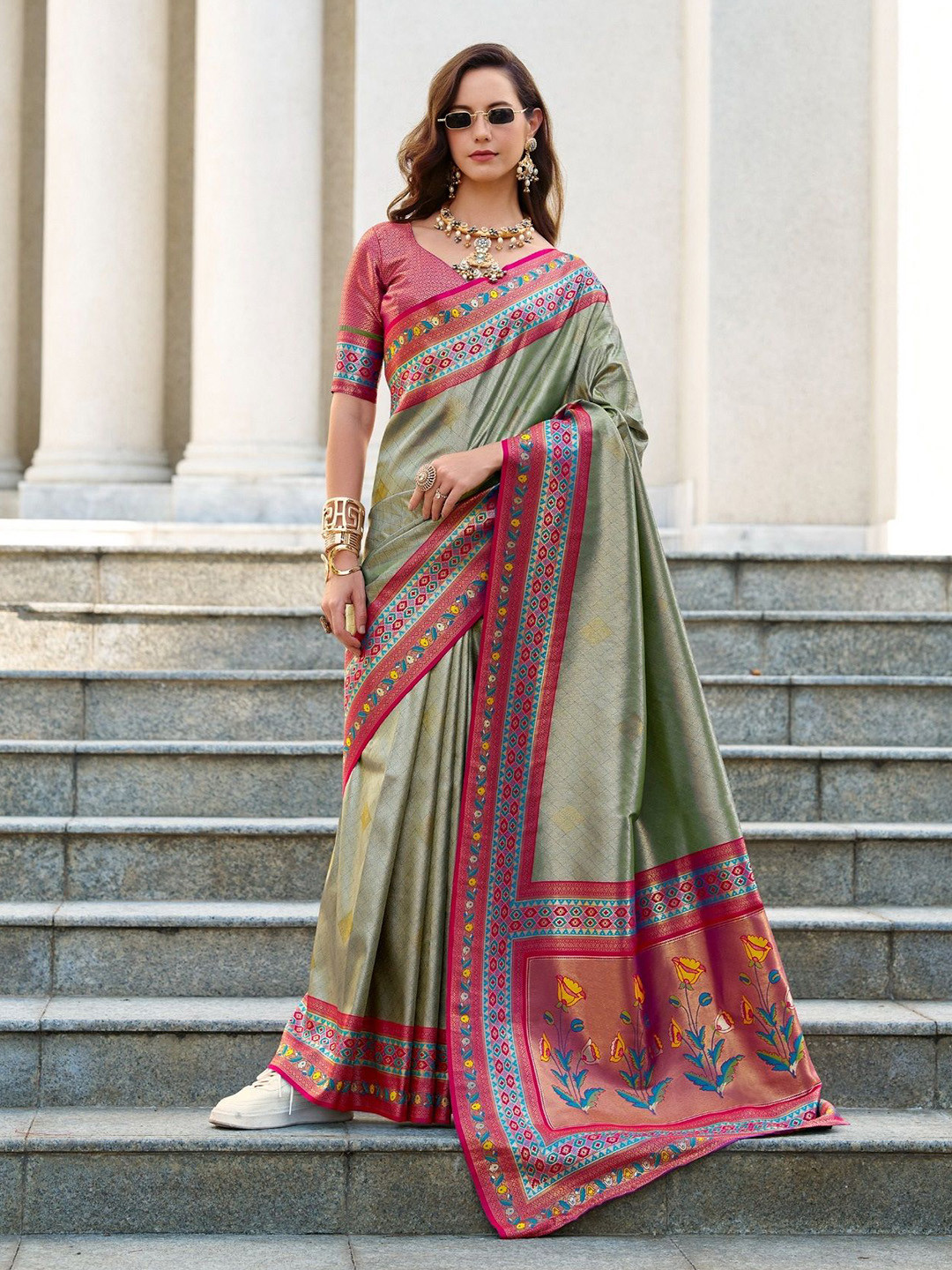 

MAHALASA Woven Design Zari Pure Silk Banarasi Saree, Sea green