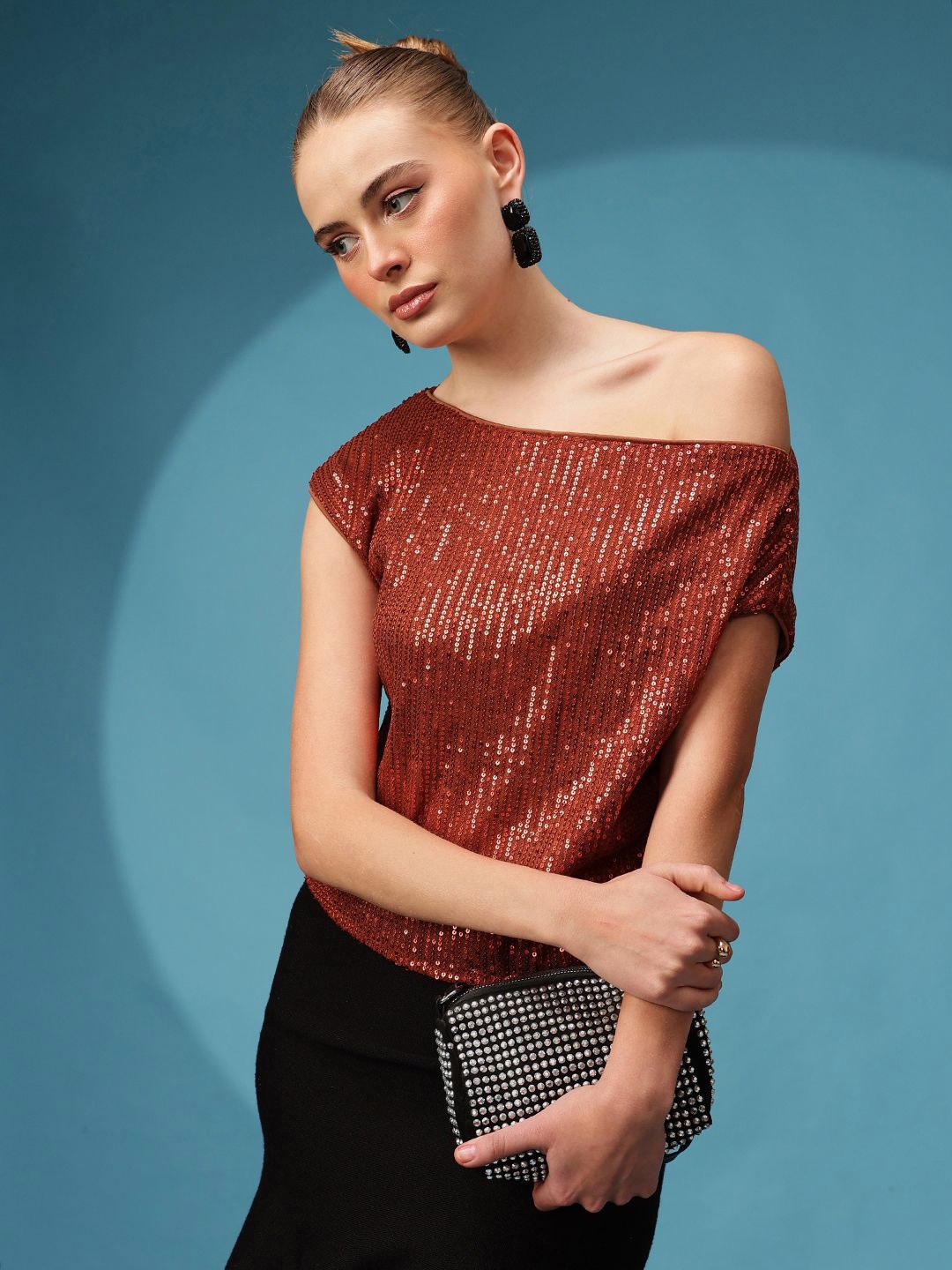 

ATRAENTA Women Embellished Net Top, Rust