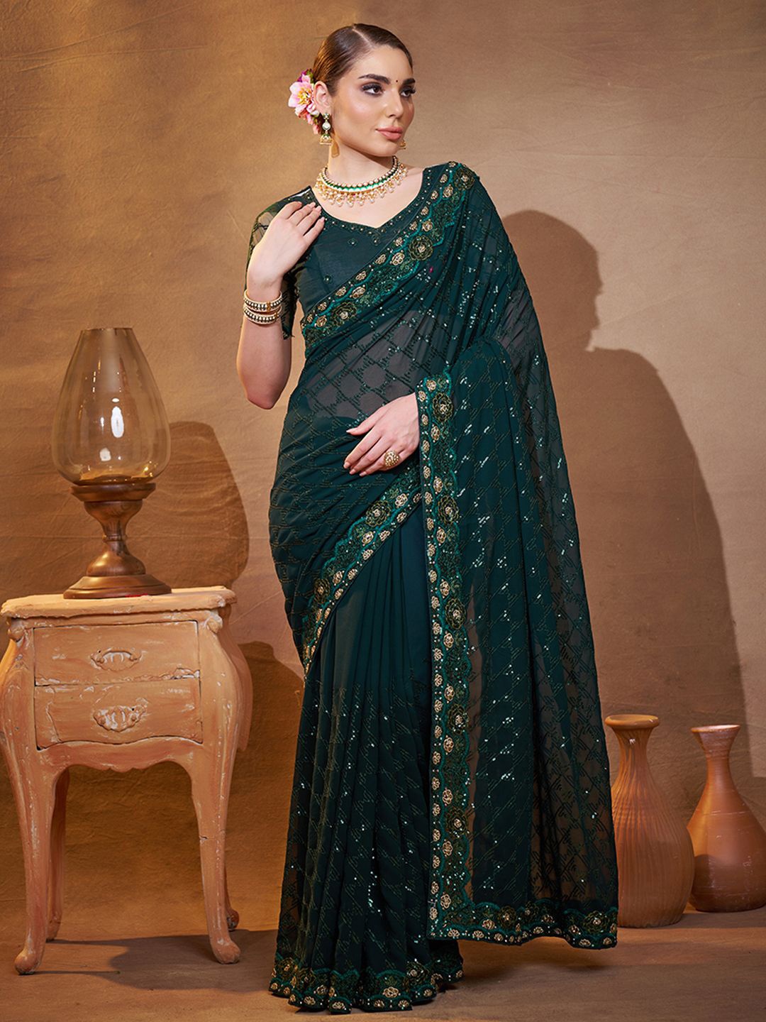 

Kalista Floral Sequinned Pure Georgette Heavy Work Saree, Green