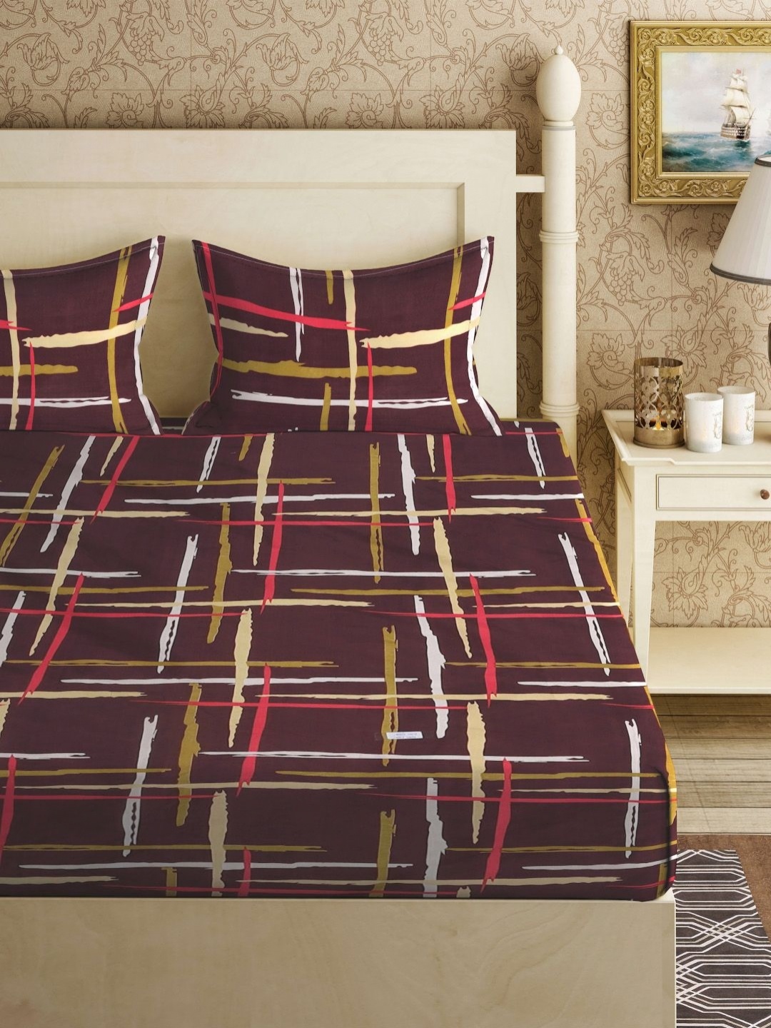 

Myntra Elegant Homes Brown & Red Printed 300 TC Fitted King Bedsheet Set- 250 cm x 225 cm