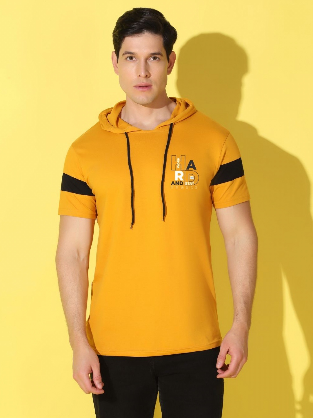 

WOOSTRO Men Typography Printed Hooded Slim Fit T-shirt, Mustard
