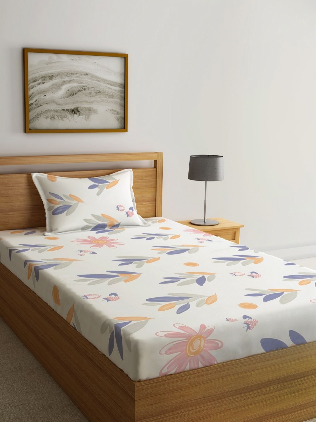 

Myntra Elegant Homes White & Blue Floral 300 TC Single Bedsheet Set 2.50 m x 2.25 m
