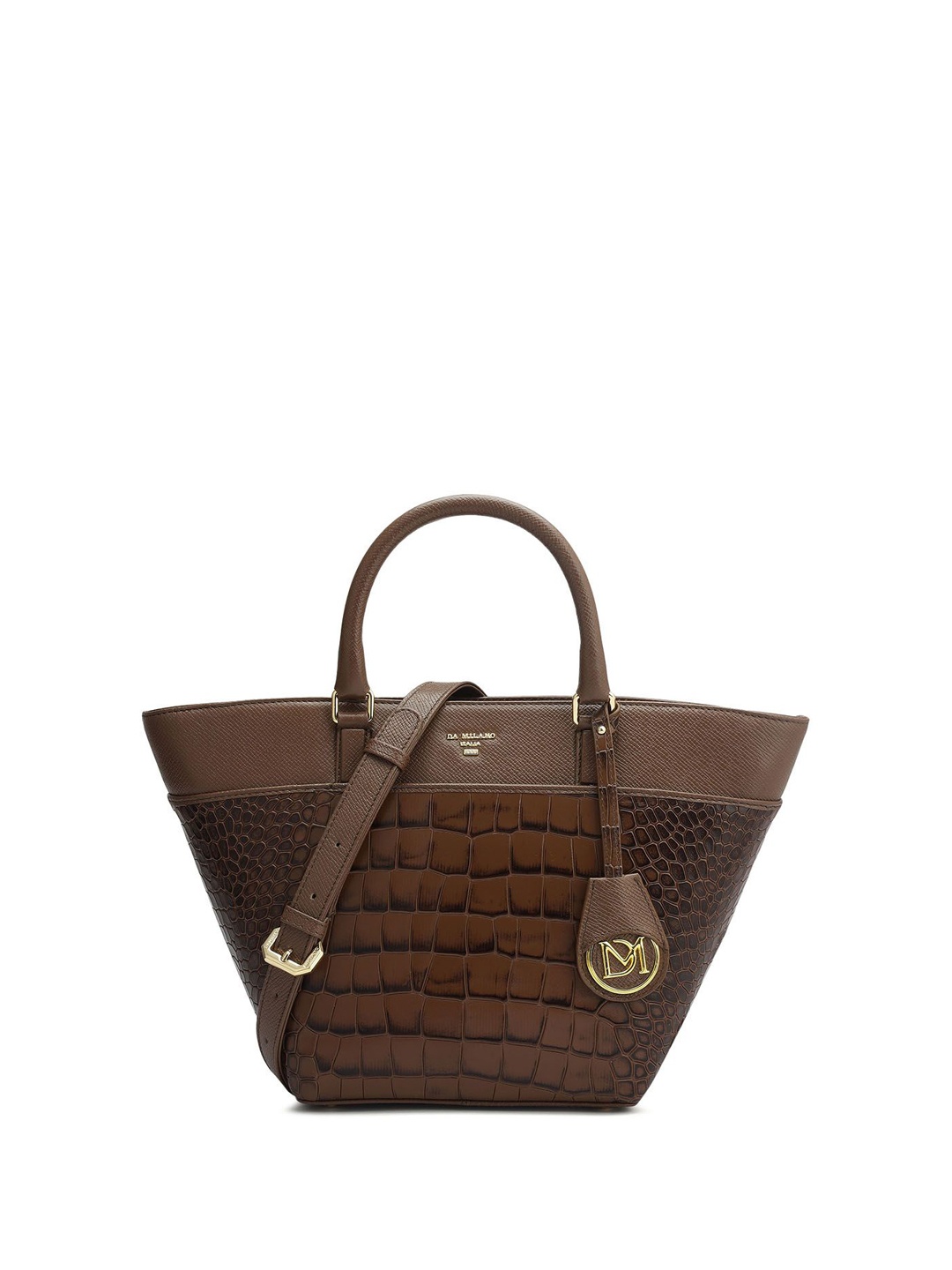

Da Milano Animal Textured Leather Structured Satchel with Cut Work, Brown