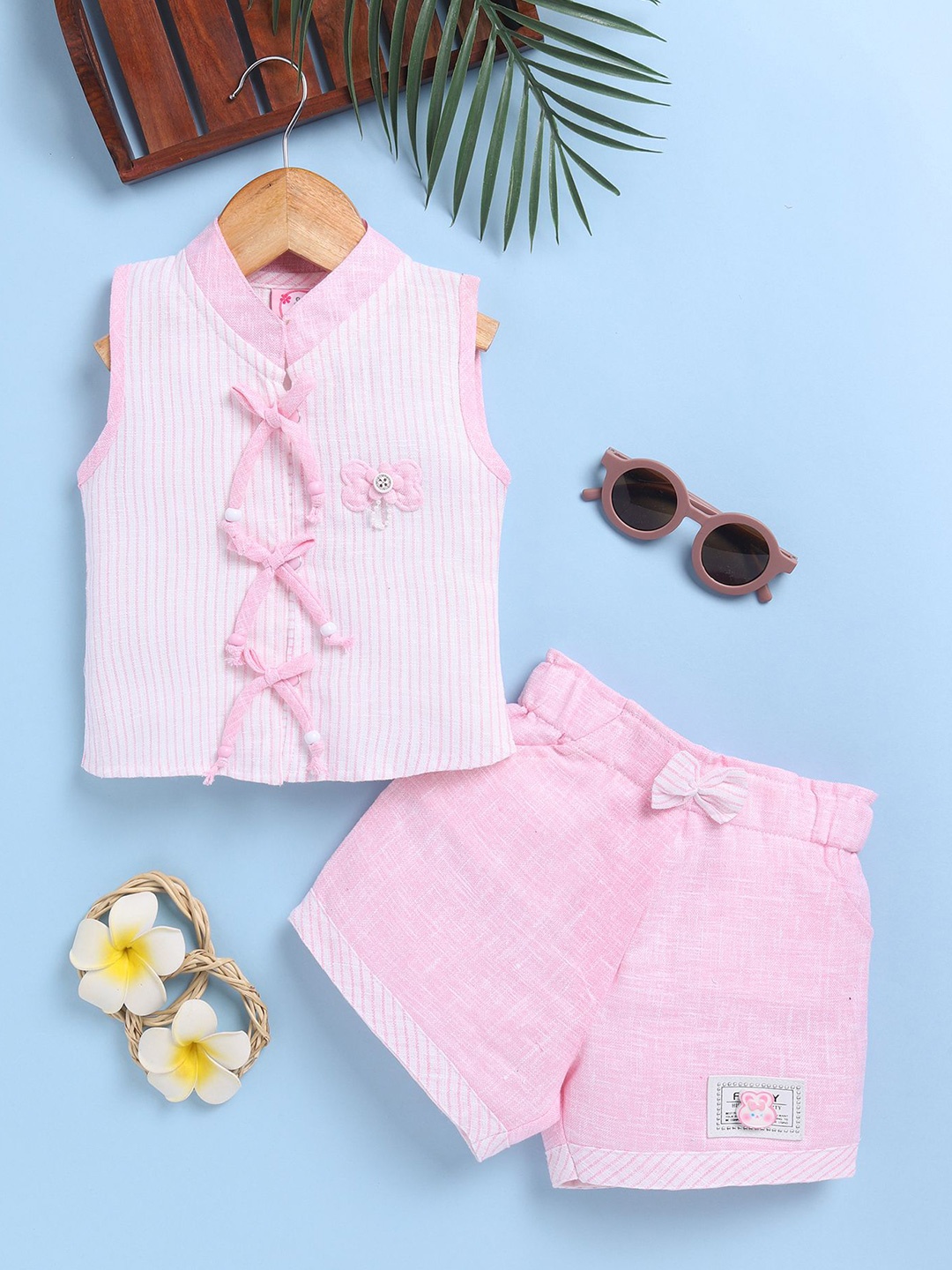 

Toonyport Girls Striped Sleeveless Mandarin Collar Top With Shorts, Pink