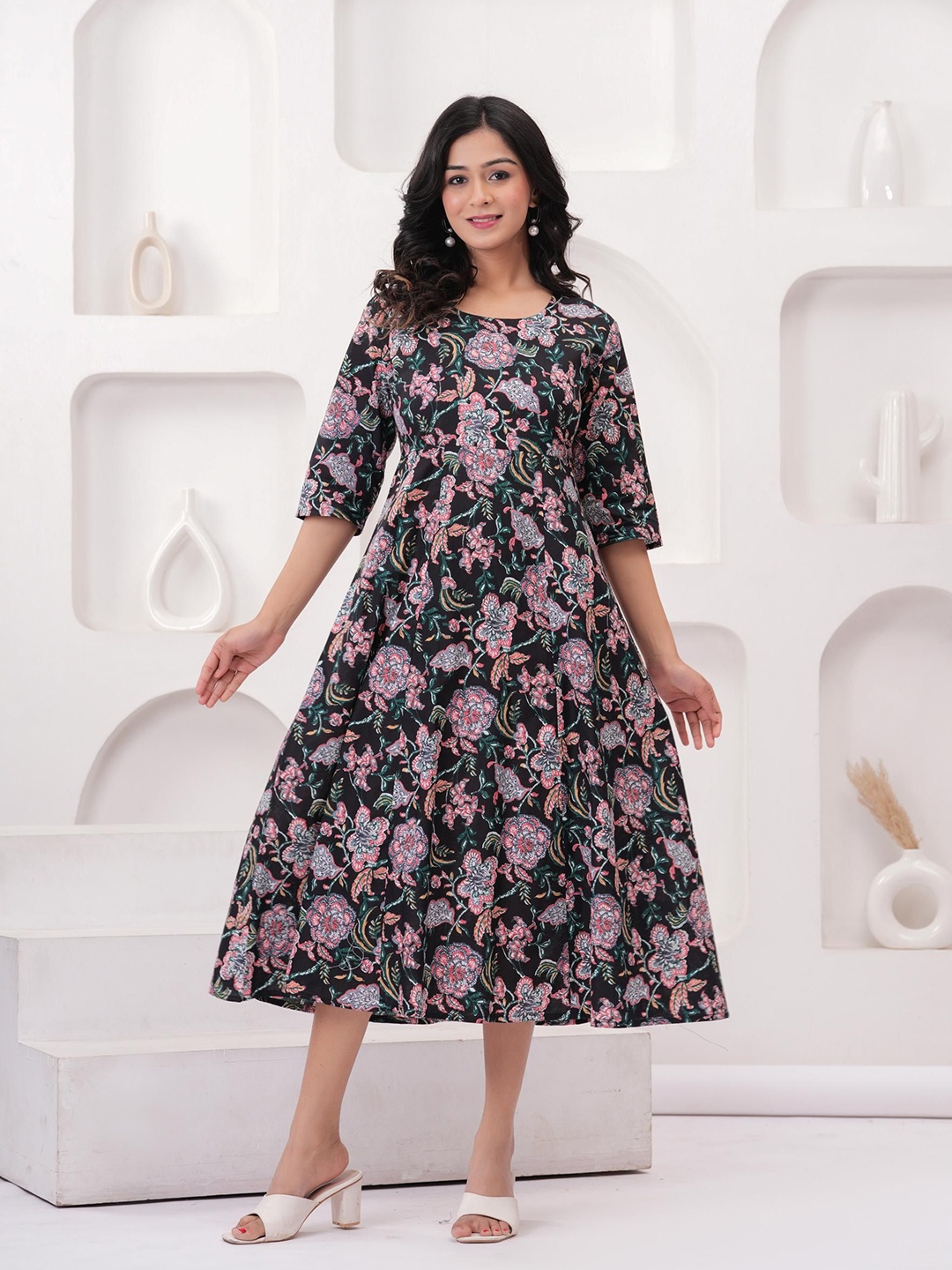 

Sanganeri Kurti Women Cotton Floral Printed A-Line Midi Dress, Black