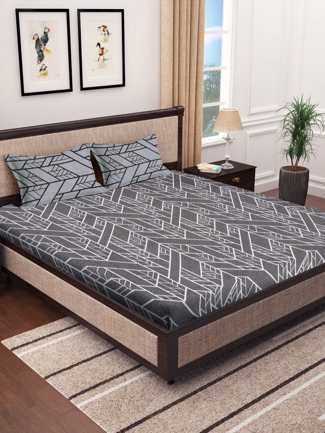 

Myntra Elegant Homes Grey & White Printed Fitted 300 TC King Bedsheet Set-2.70 m x 2.70 m