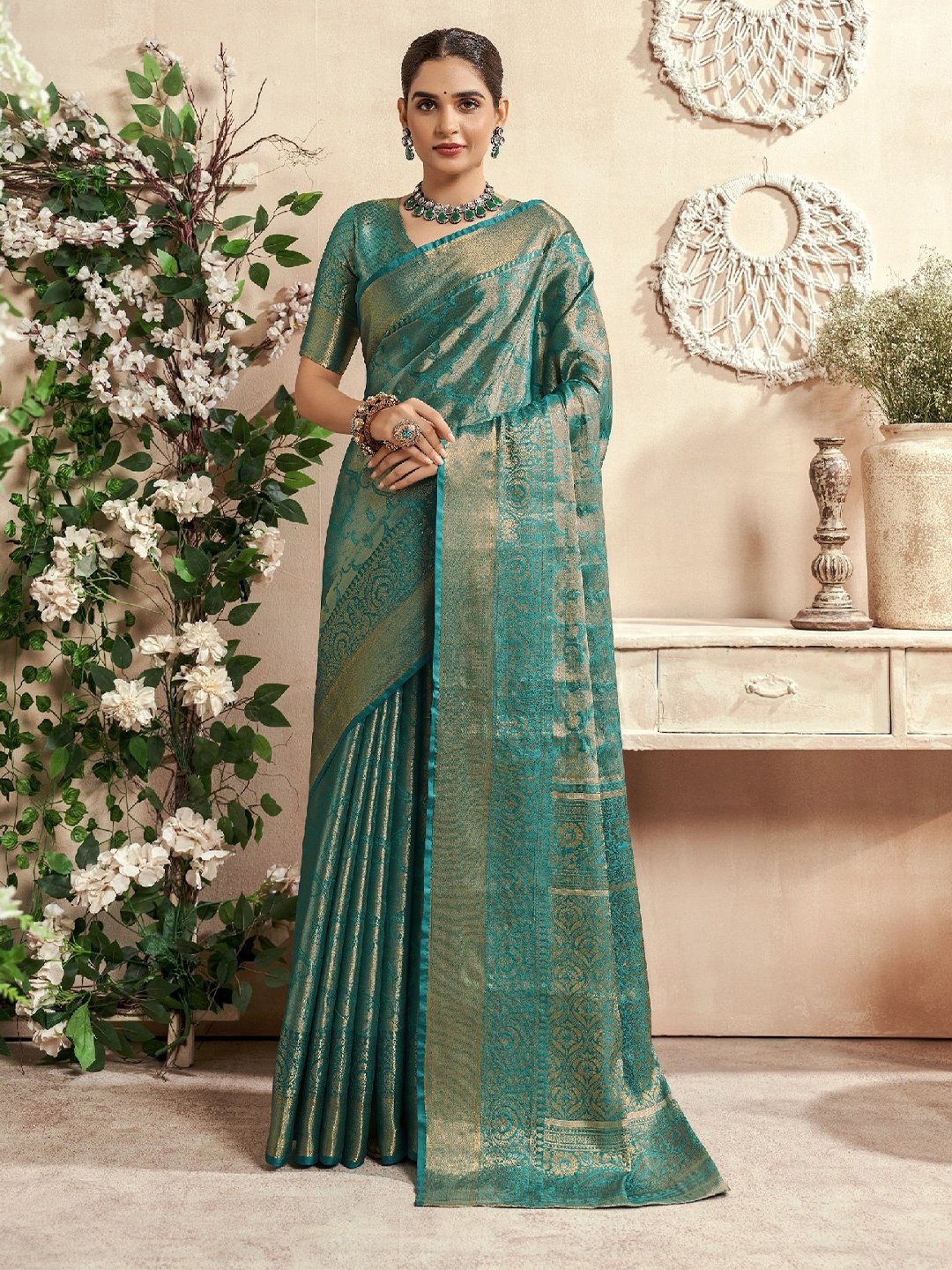 

MAHALASA Ethnic Motifs Woven Design Zari Pure Silk Kanjeevaram Saree, Sea green