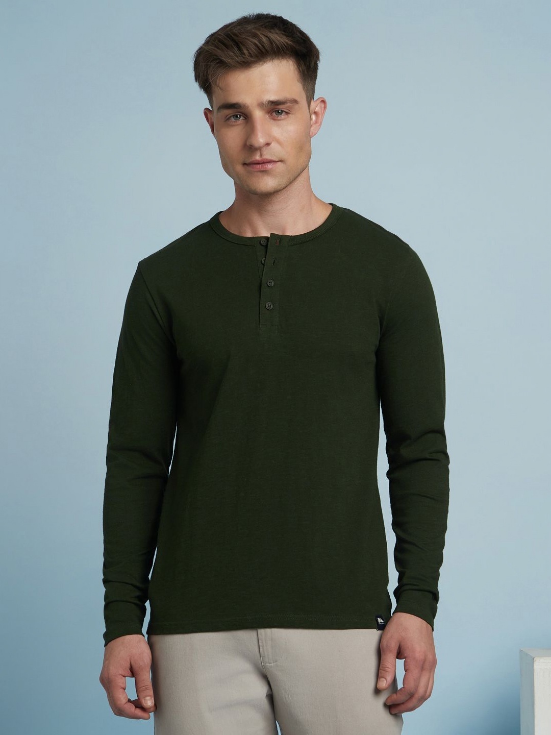 

Dennis Lingo Men Self Design Round Neck Full Sleeves Pure Cotton T-shirt, Olive