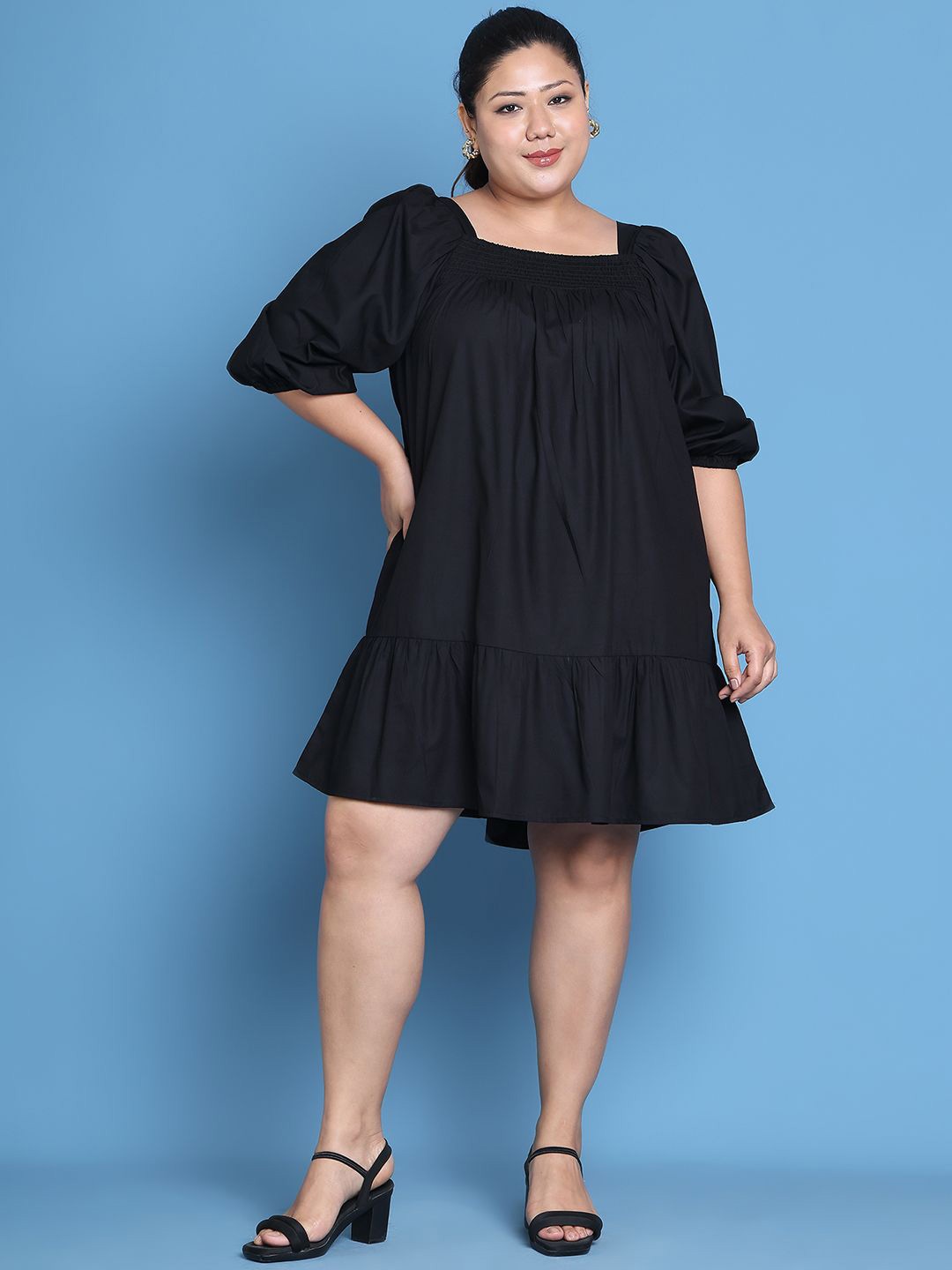 

theRebelinme Women Smocked Bishop Sleeve Knee Length Flounce A-Line Dress, Black