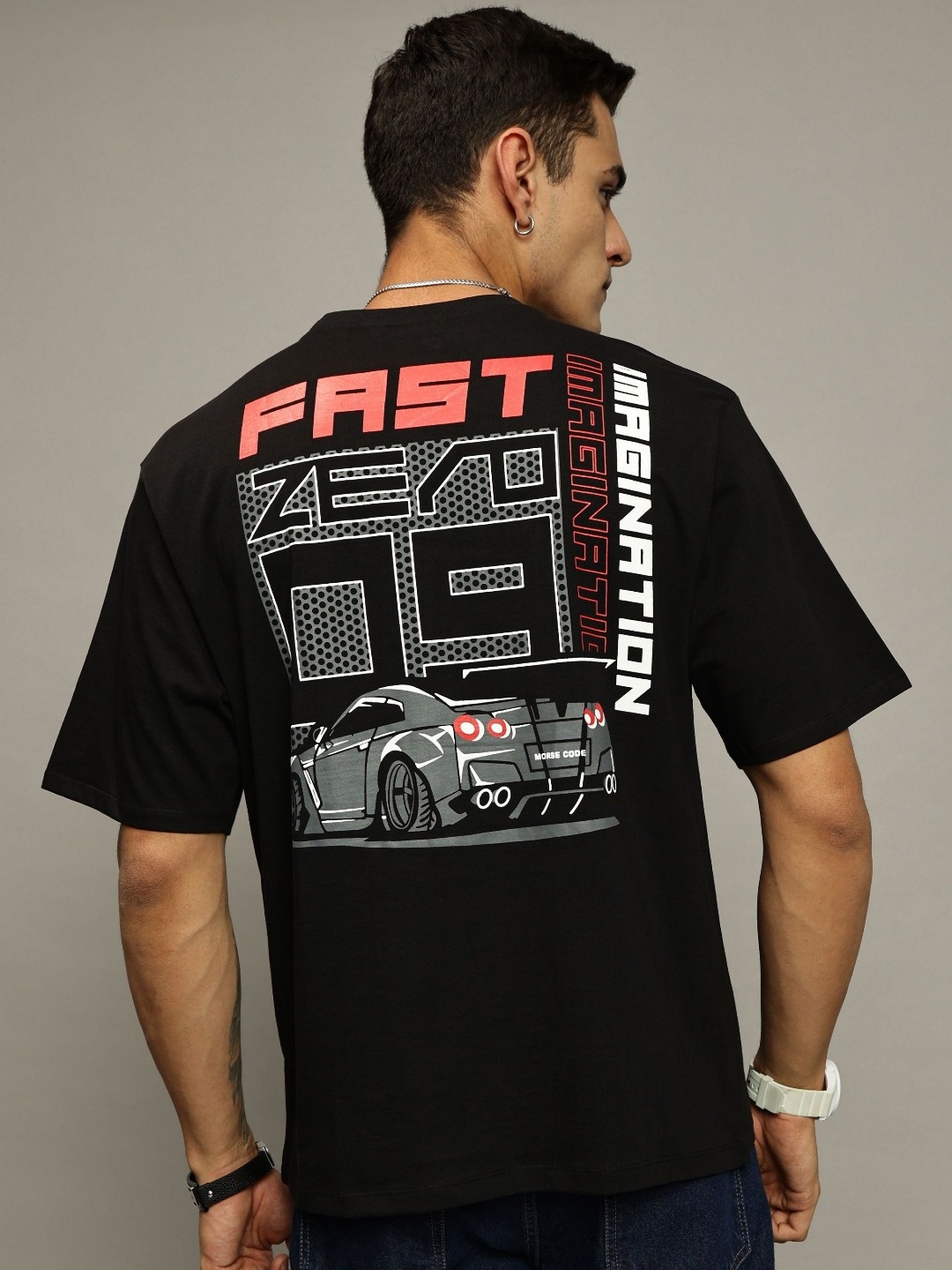 

MORSE CODE Men Printed Drop-Shoulder Sleeves T-shirt, Black