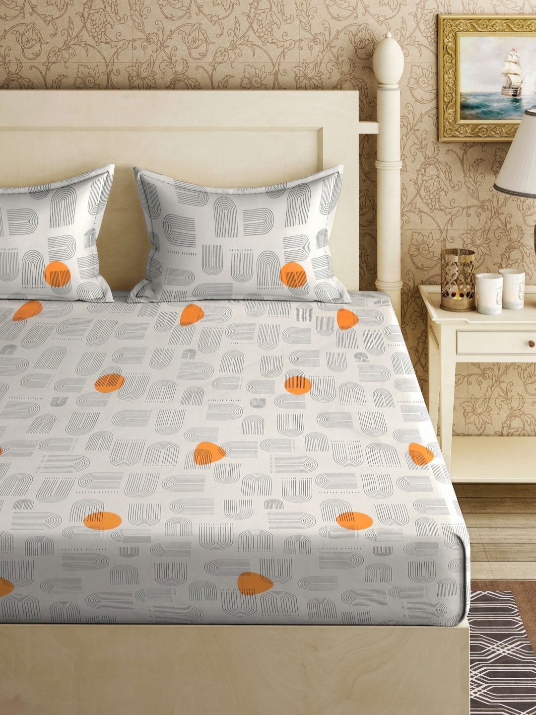 

Myntra Elegant Homes Cream & White Printed 300 TC King Bedsheet Set 2.70 m x 2.70m