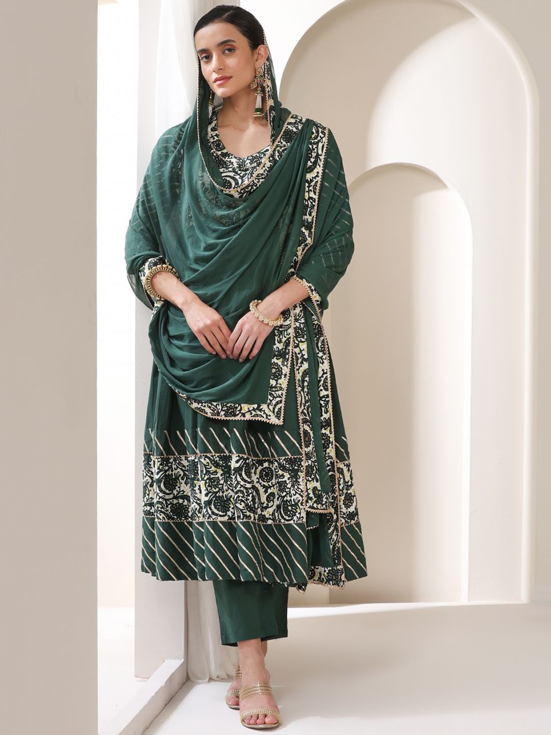 

Khushal K Women Floral Printed Angrakha Kurta with Palazzos & With Dupatta, Green