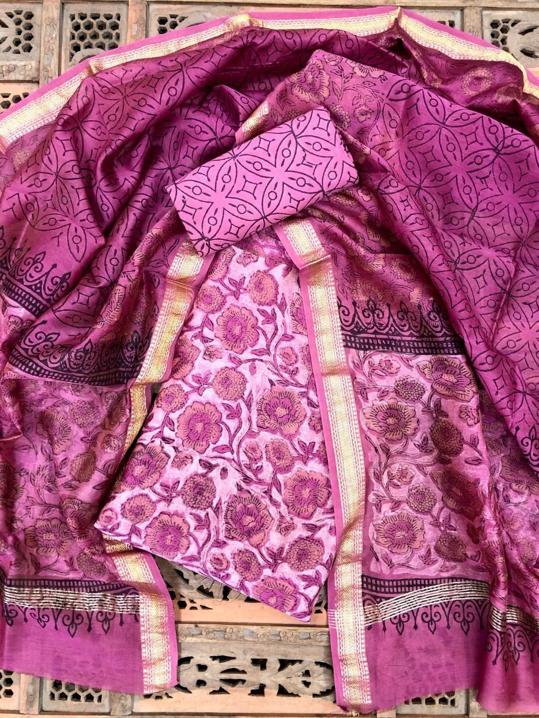 

PALASH Floral Block Printed Pure Silk Unstitched Dress Material, Magenta