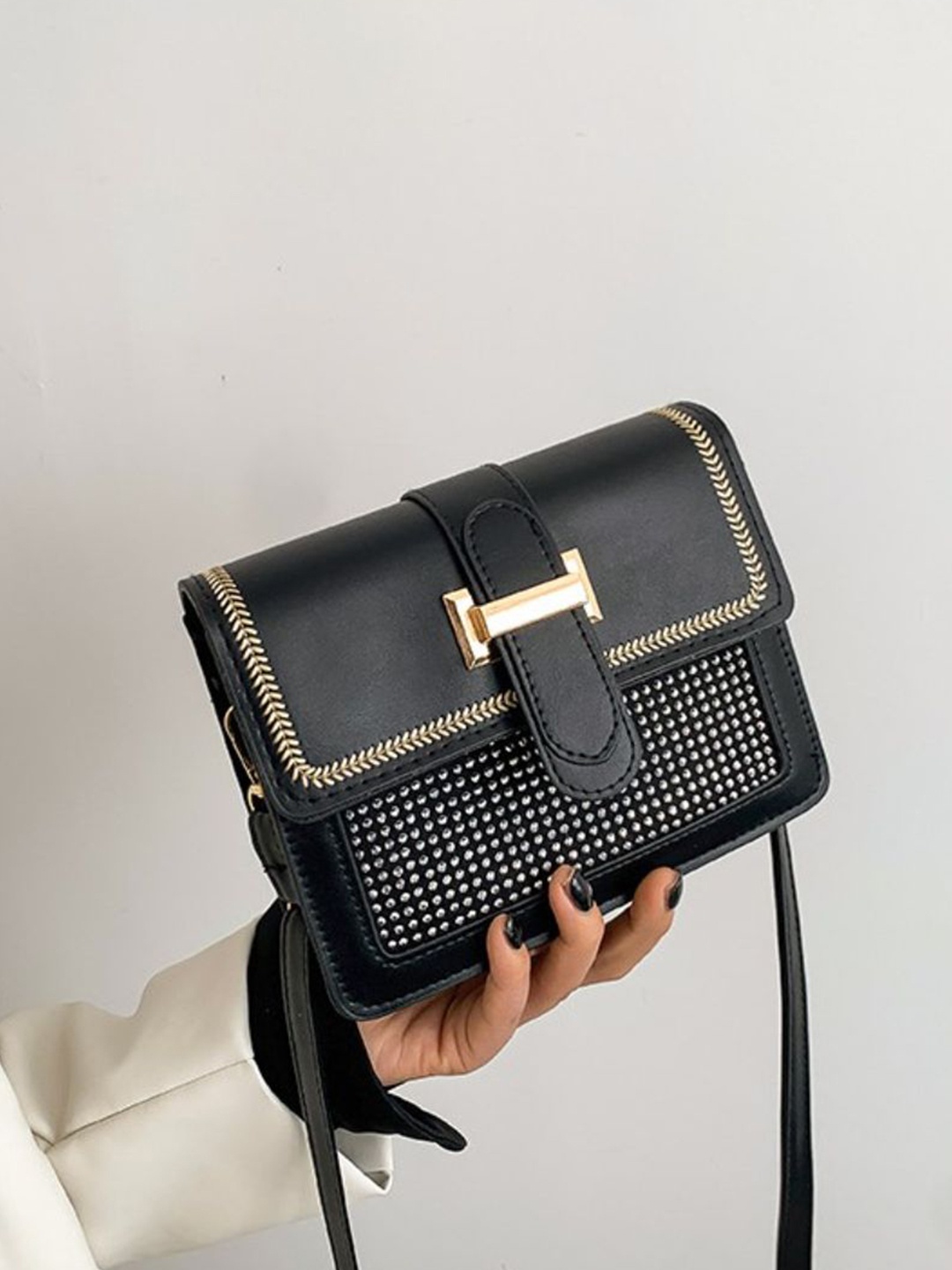 

DressBerry Embellished PU Sling Bag, Black