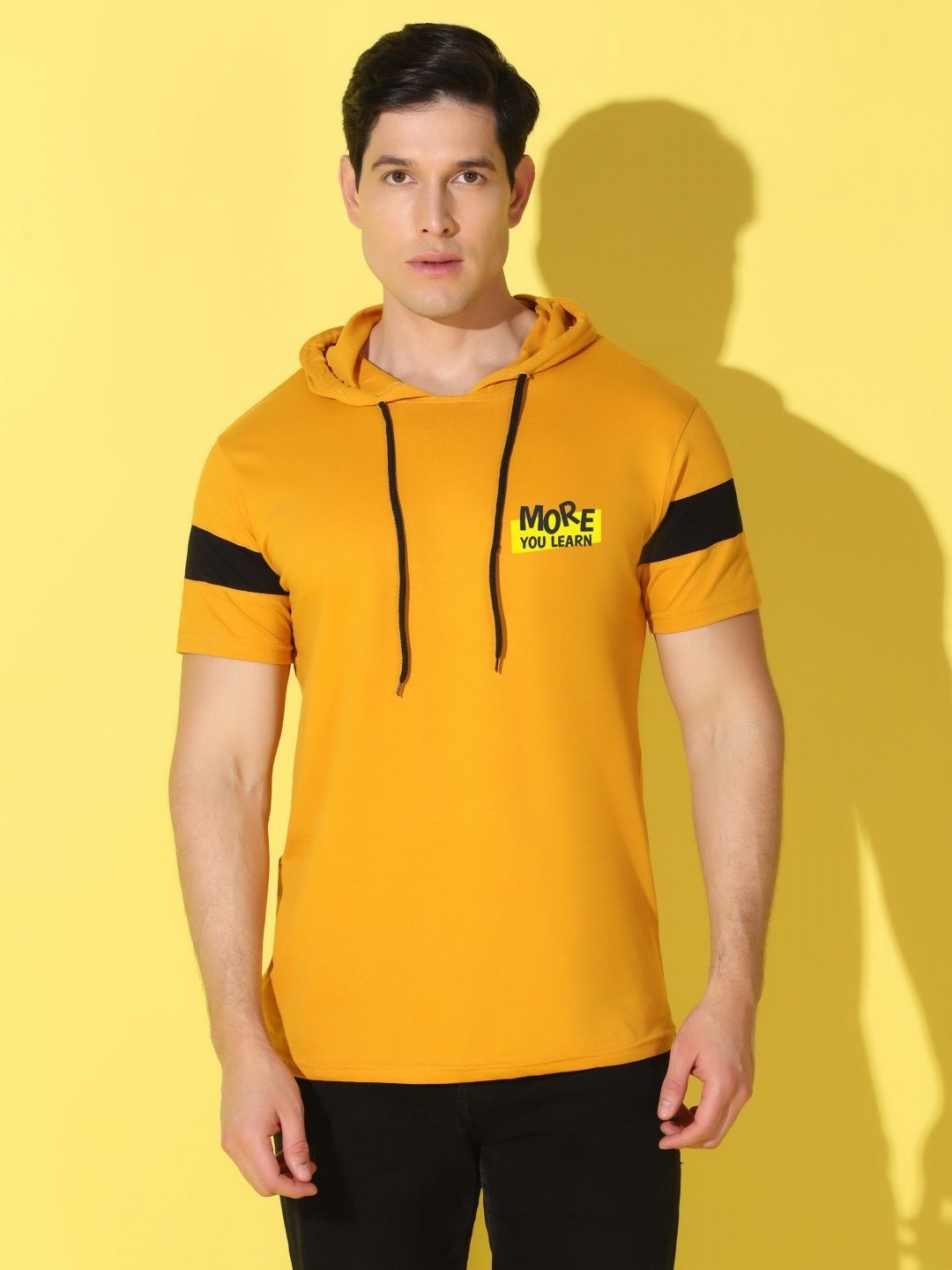 

WOOSTRO Men Typography Printed Hooded Slim Fit T-shirt, Mustard