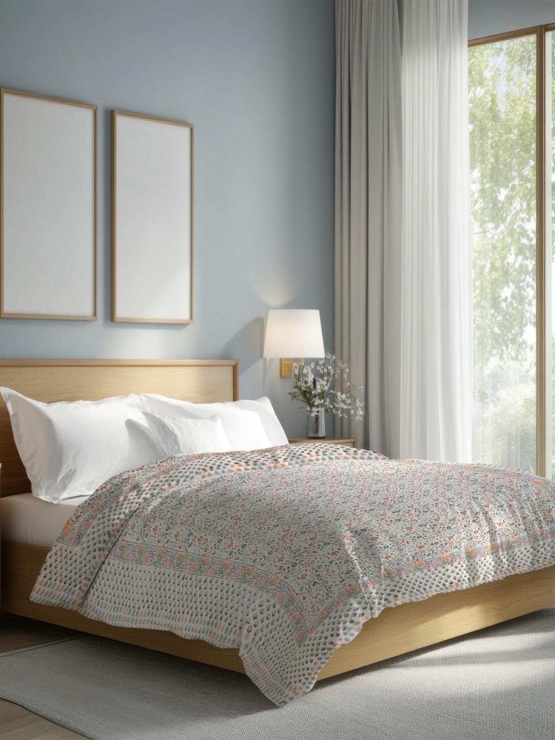 

The Rajwadi Feather Light White Ethnic Motifs Pure Cotton 90 GSM AC Room Double Bed Quilt