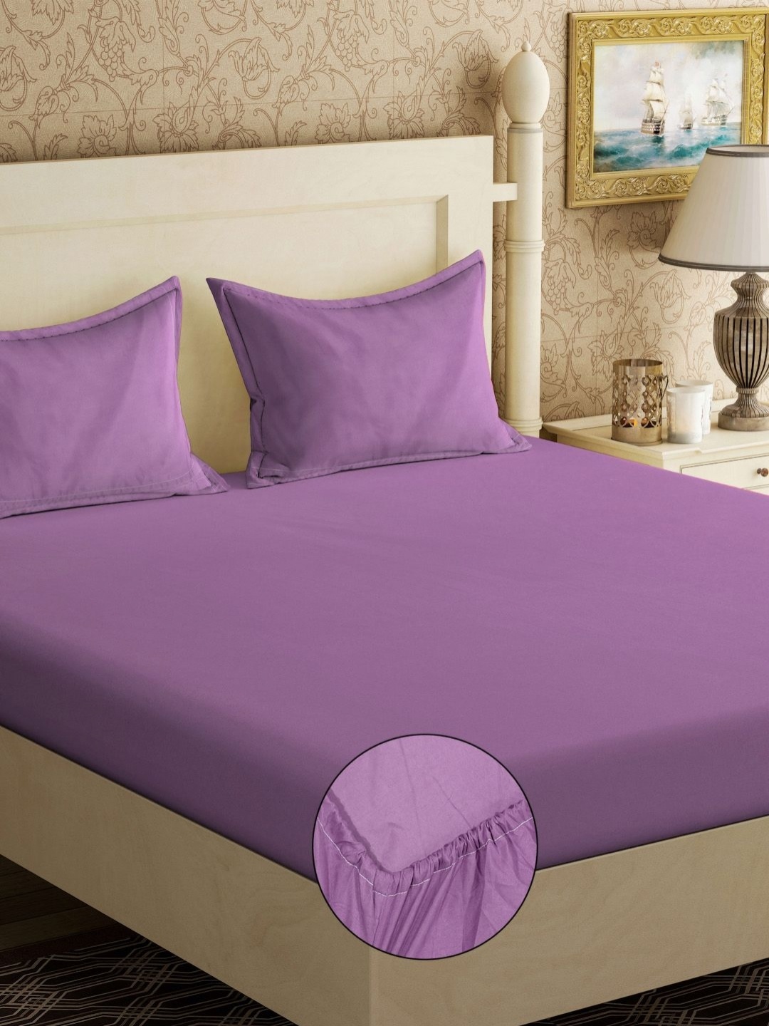 

Myntra Elegant Homes Purple Printed 300 TC Fitted King Bedsheet Set 2.50 m x 2.25 m