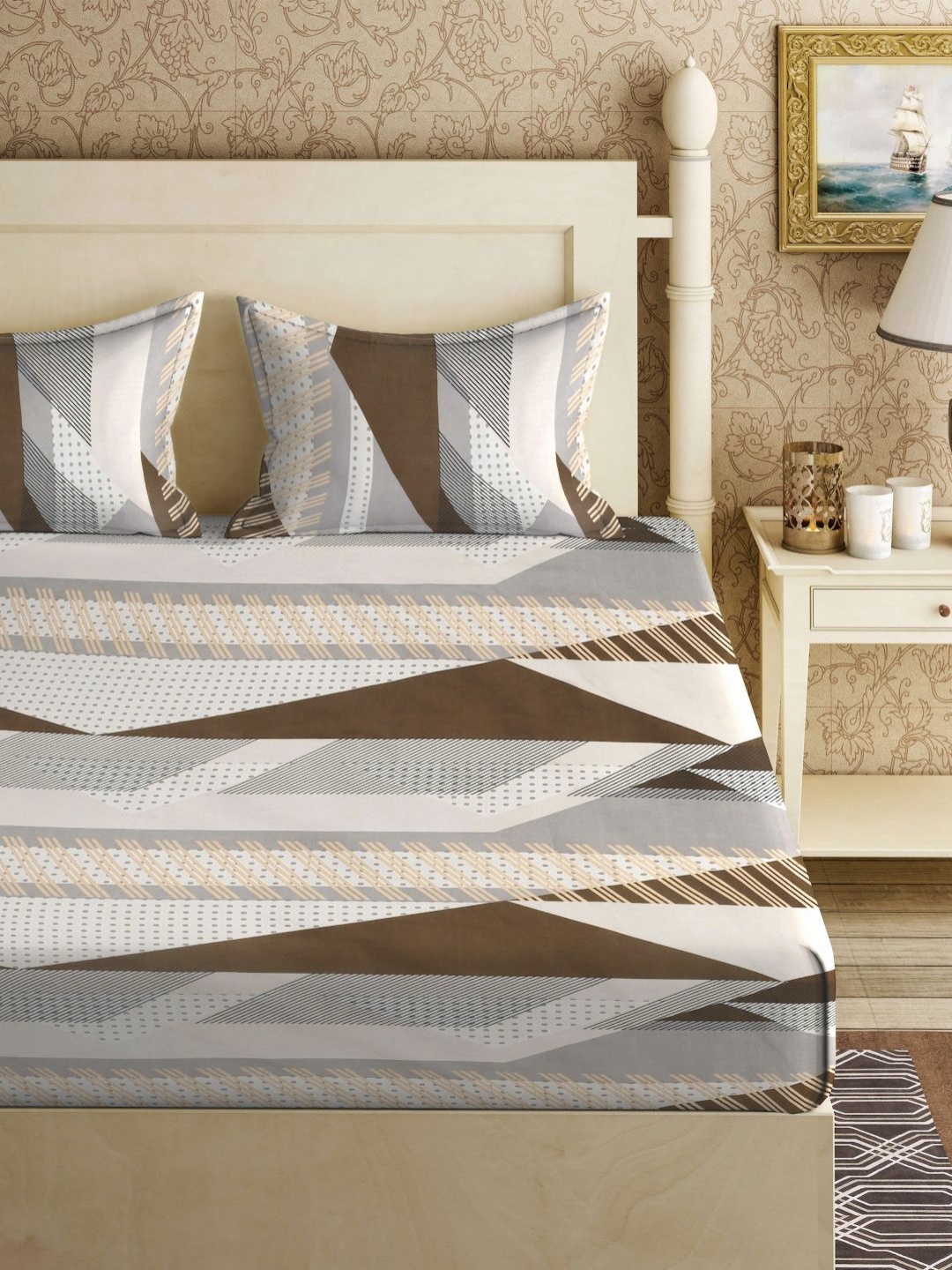 

Myntra Elegant Homes White & Grey Printed 300 TC King Bedsheet Set 2.50 m x 2.25 m