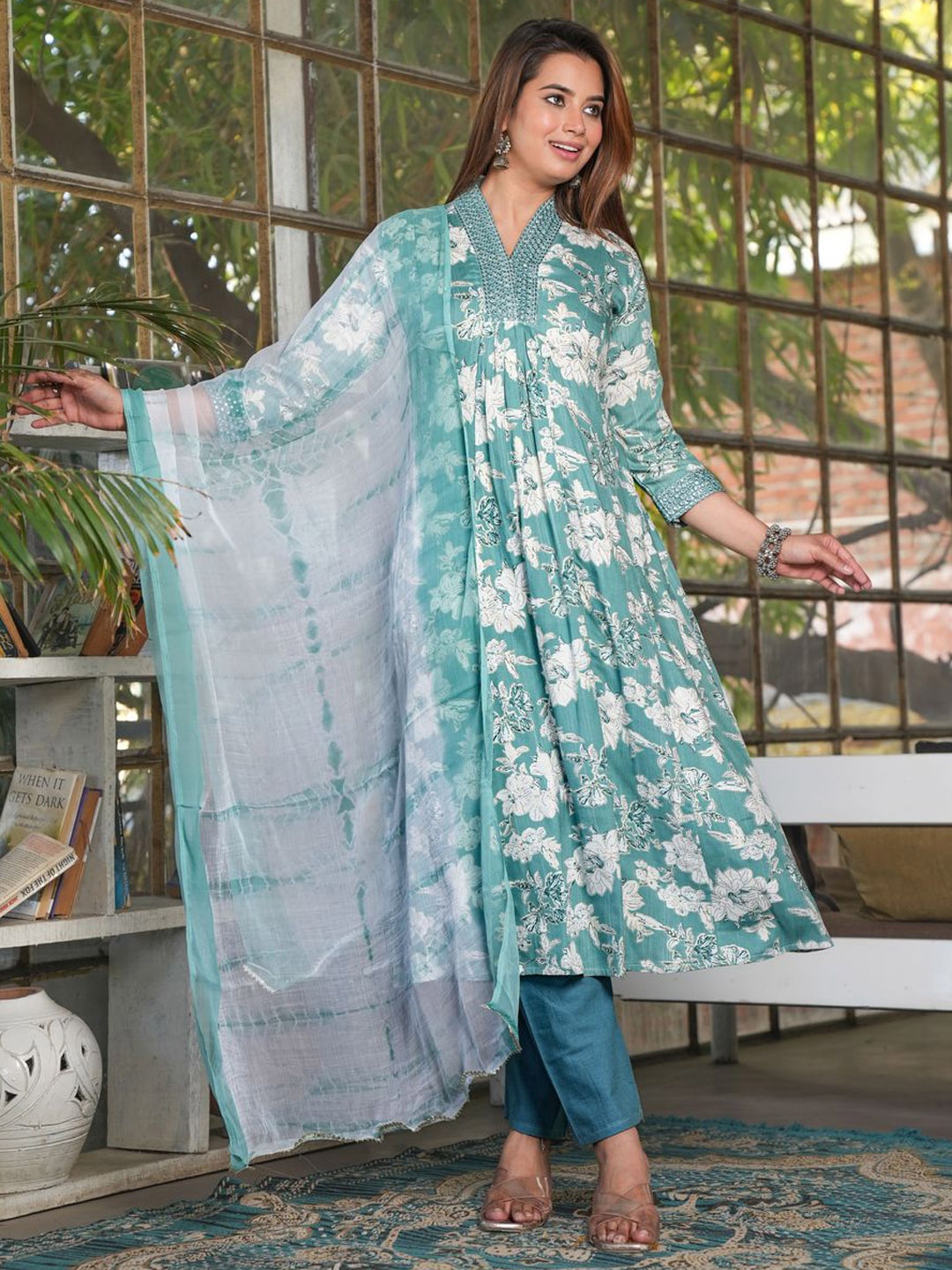 

SINGNI Floral Printed Mirror Work A-Line Kurta with Trouser & Dupatta, Teal