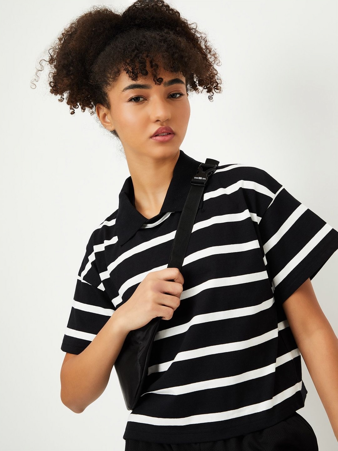 

max Women Striped Polo Neck Cotton T-shirt, Black