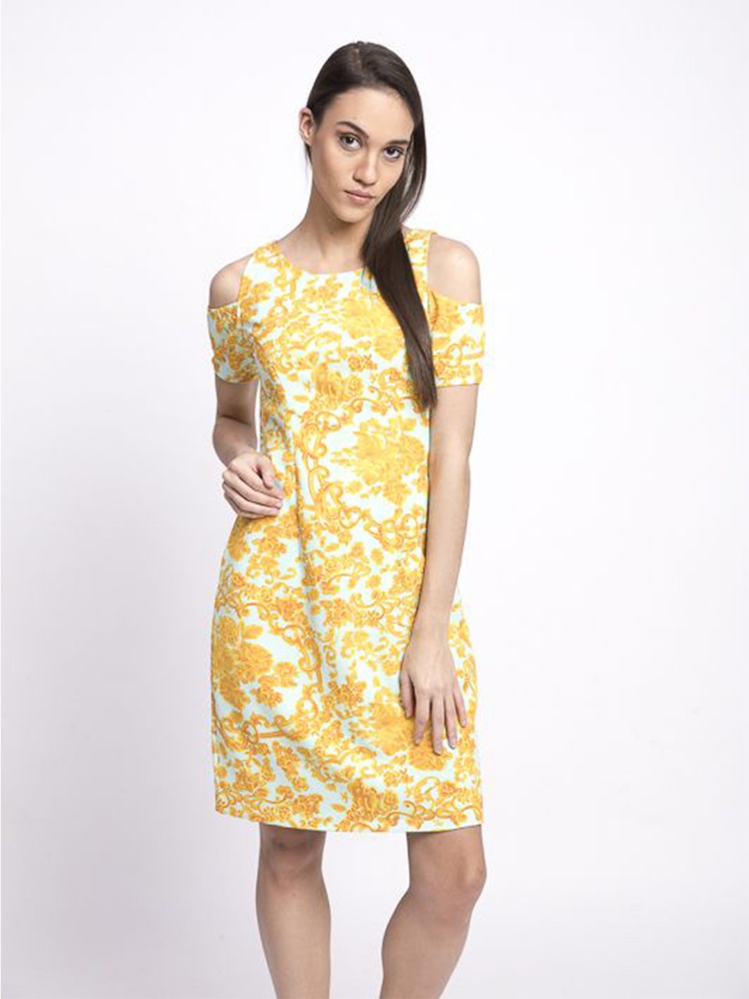 

The Sancy Women Floral Print Cold-Shoulder Crepe A-Line Dress, White