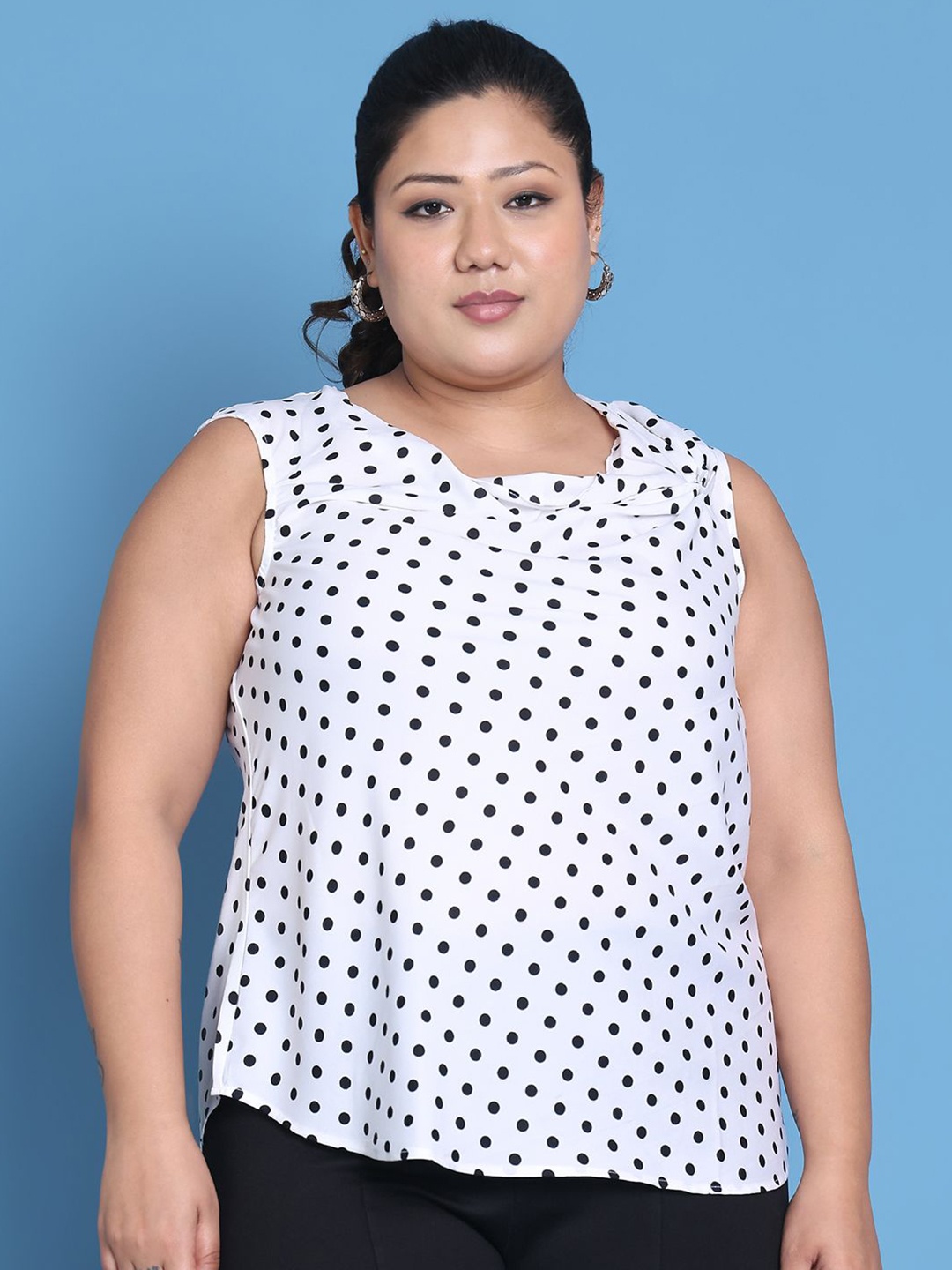 

theRebelinme Polka Dot Print Cowl Neck Crepe Longline Top, White