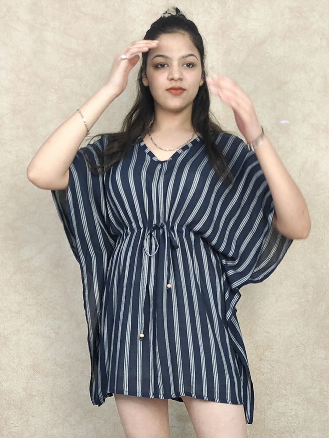 

DRAPE AND DAZZLE Women Stripped Tie-Up Kaftan Mini Dress, Navy blue