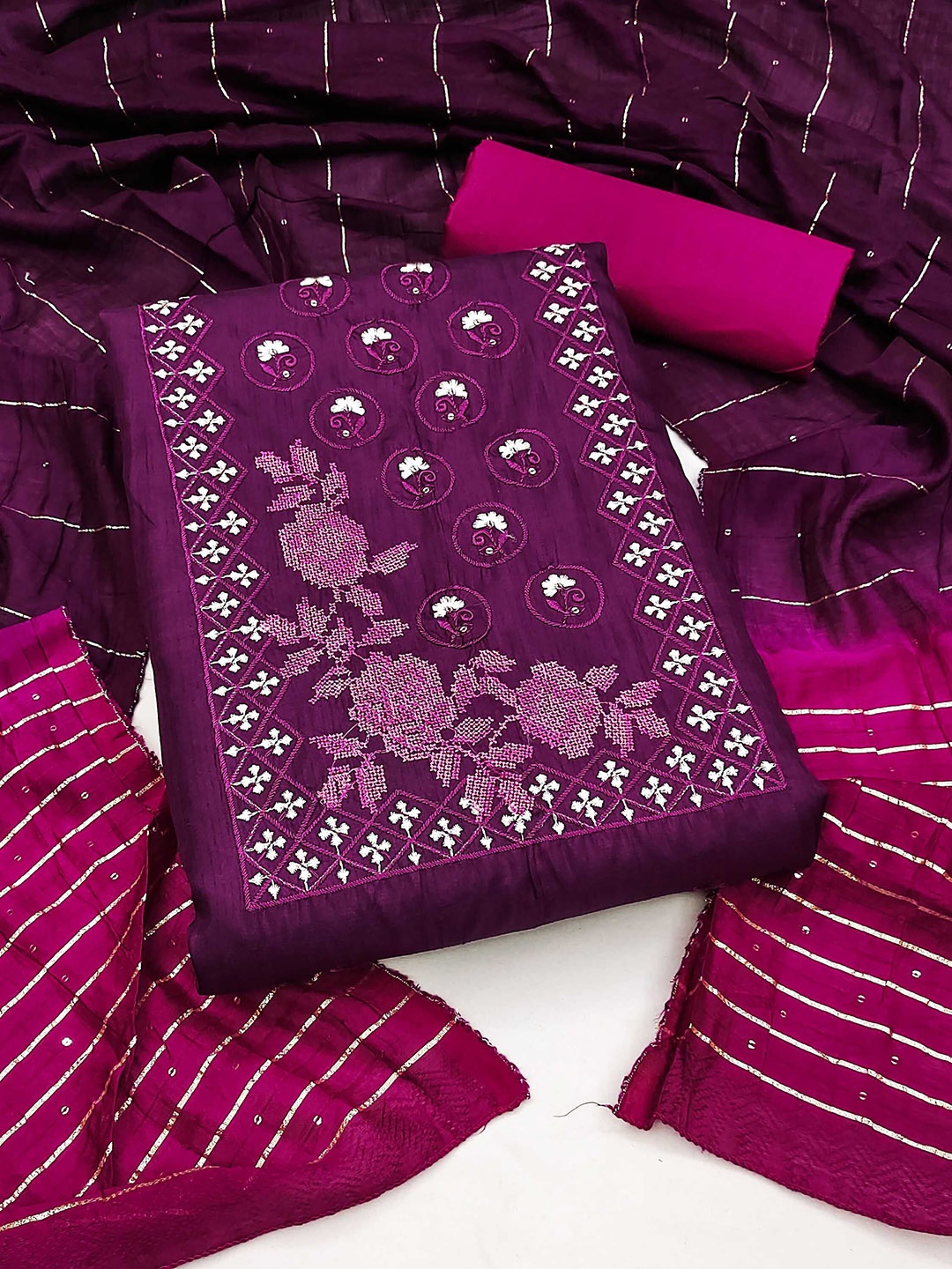 

SHADOW & SAINING Embroidered Thread Work Pure Silk Unstitched Dress Material, Purple